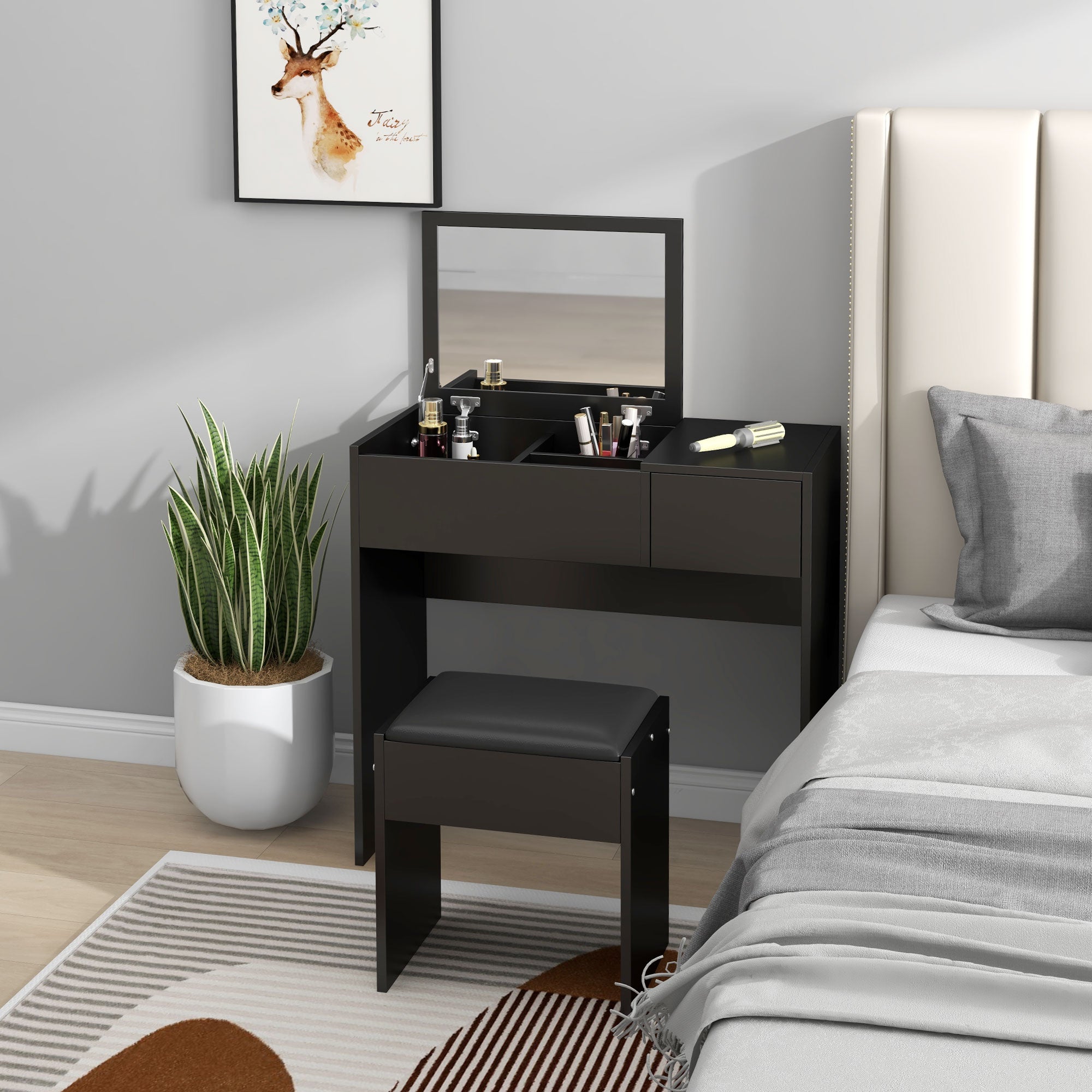 Mia Modern Vanity Set with Flip Top Mirror and Cushioned Stool, Dressing Table with Storage Drawer for Bedroom, Black