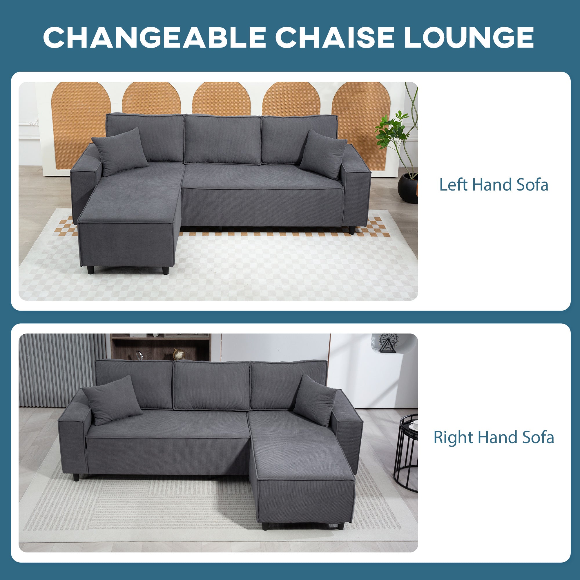 Ronny Reversible Sectional with Changeable Chaise- Charcoal Grey
