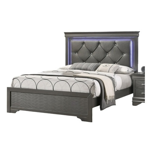 Dark Gray Faux Leather Tufted Queen Bed with LED — Modern Luxury for Your Bedroom