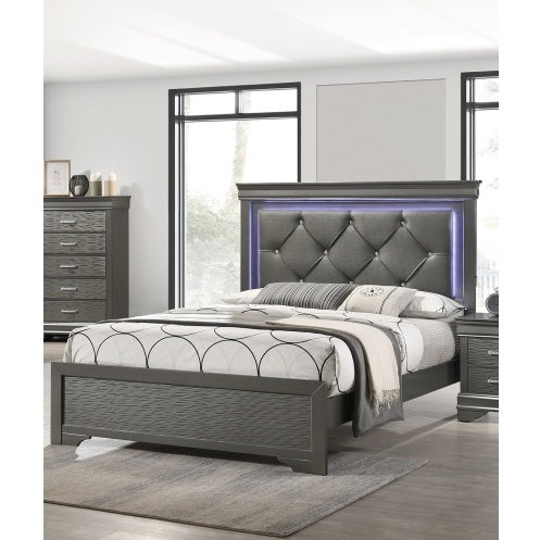 Dark Gray Faux Leather Tufted Queen Bed with LED — Modern Luxury for Your Bedroom
