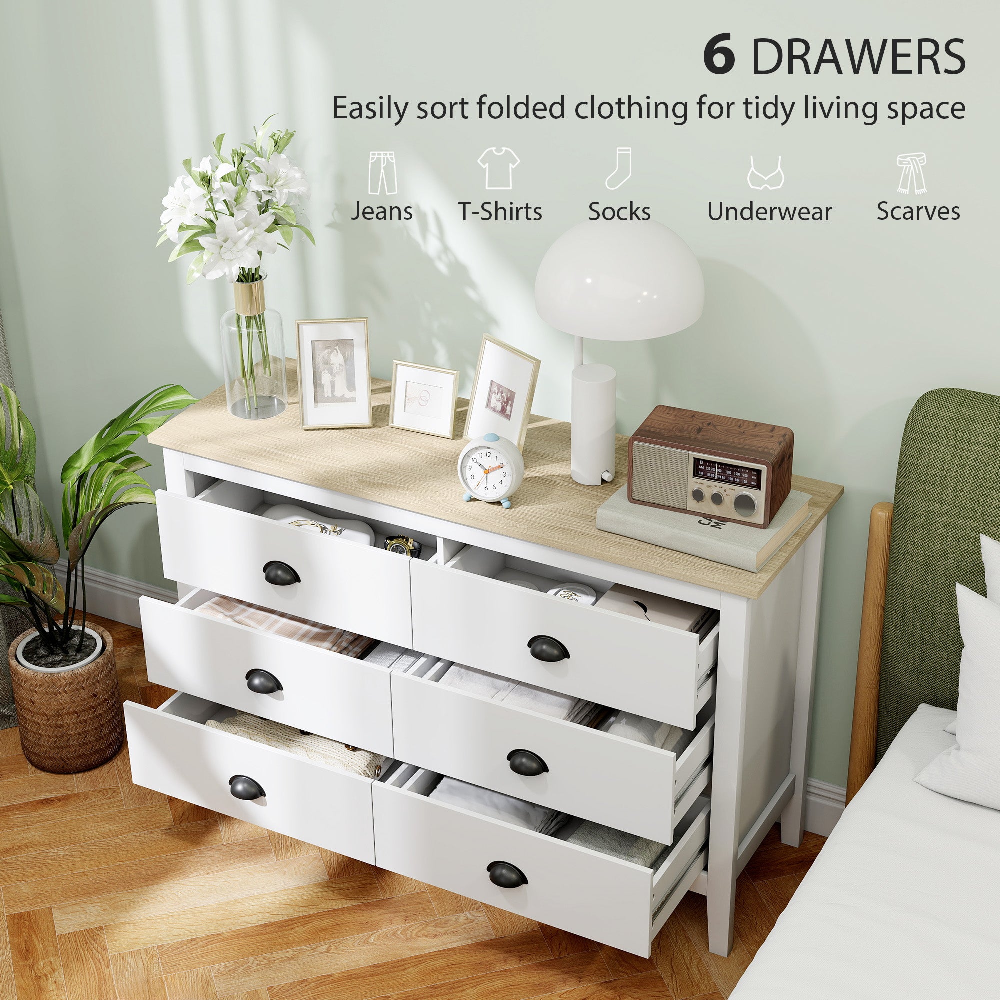 Atlas Dresser with Quiet Slides, Modern 6 Drawer Dresser for Bedroom, Closet, Living Room, Entryway, White