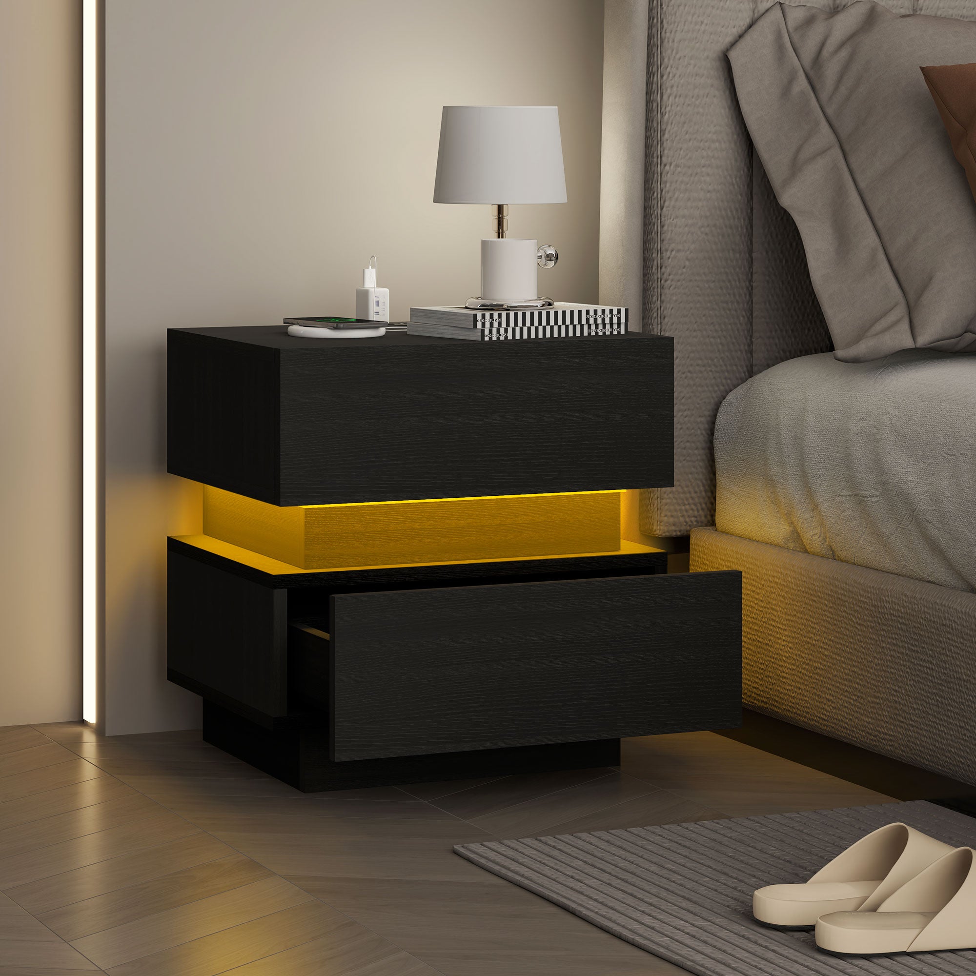 Emma Bedside Table with Charging Station and LED Light Modern Nightstand with USB Ports AC Outlets Drawers Remote, Black