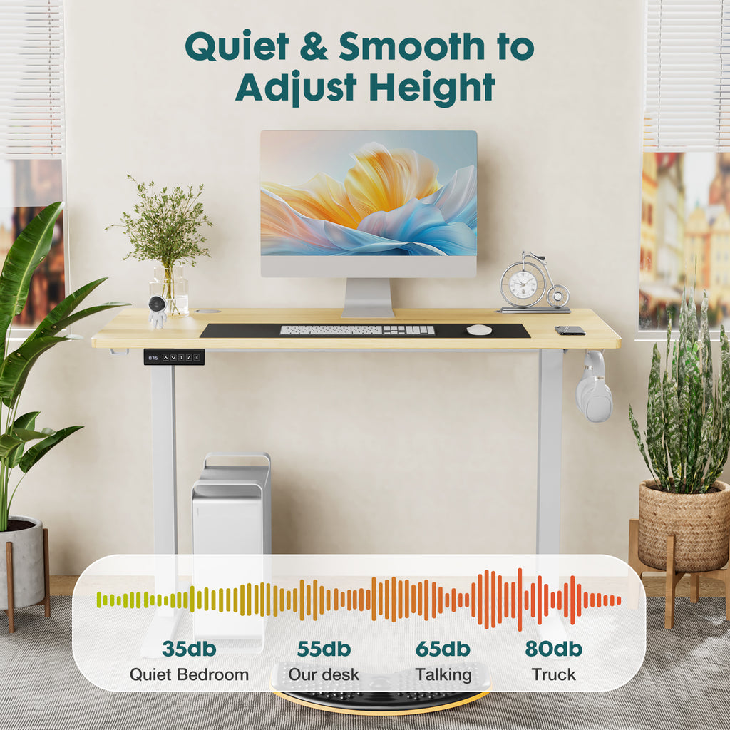 Electric Adjustable Height Standing Desk – Sit‑to‑Stand Splice Board Computer Table with Hooks & Cable Port for Home Office