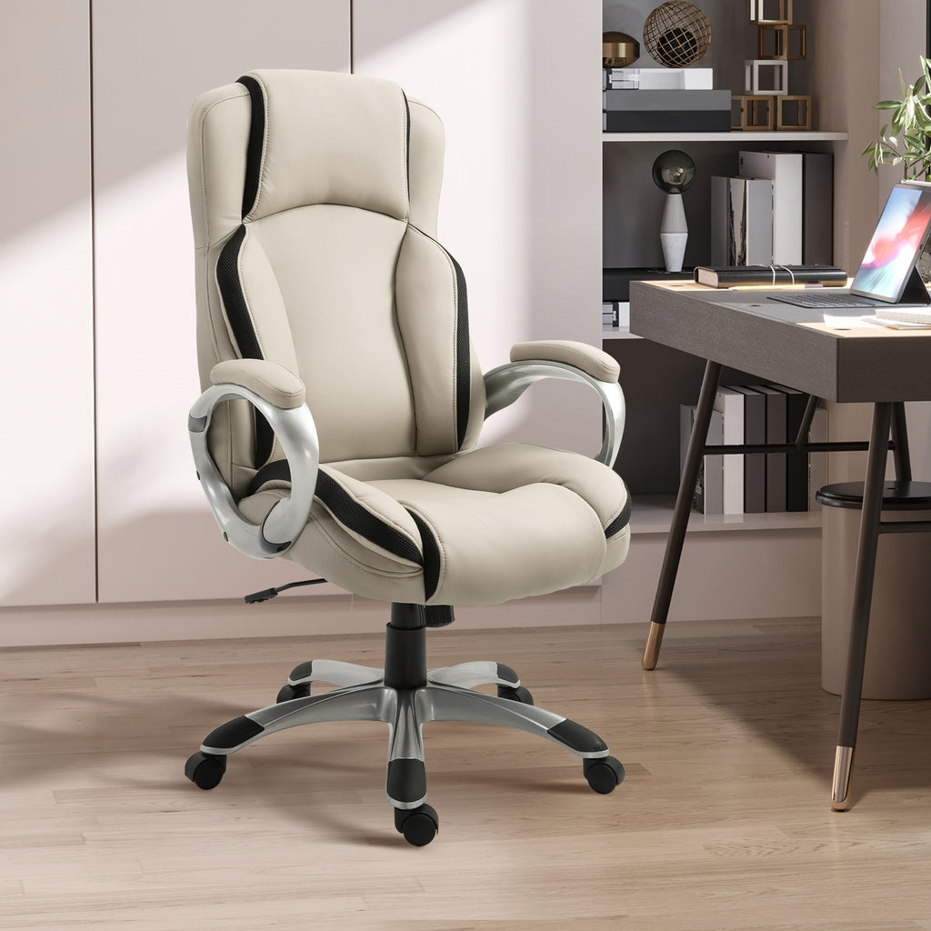 Fisher Office Chair PU Leather Executive on Rolling Wheels Task Computer Height Adjustable Swivel Ergonomic, Beige and Black