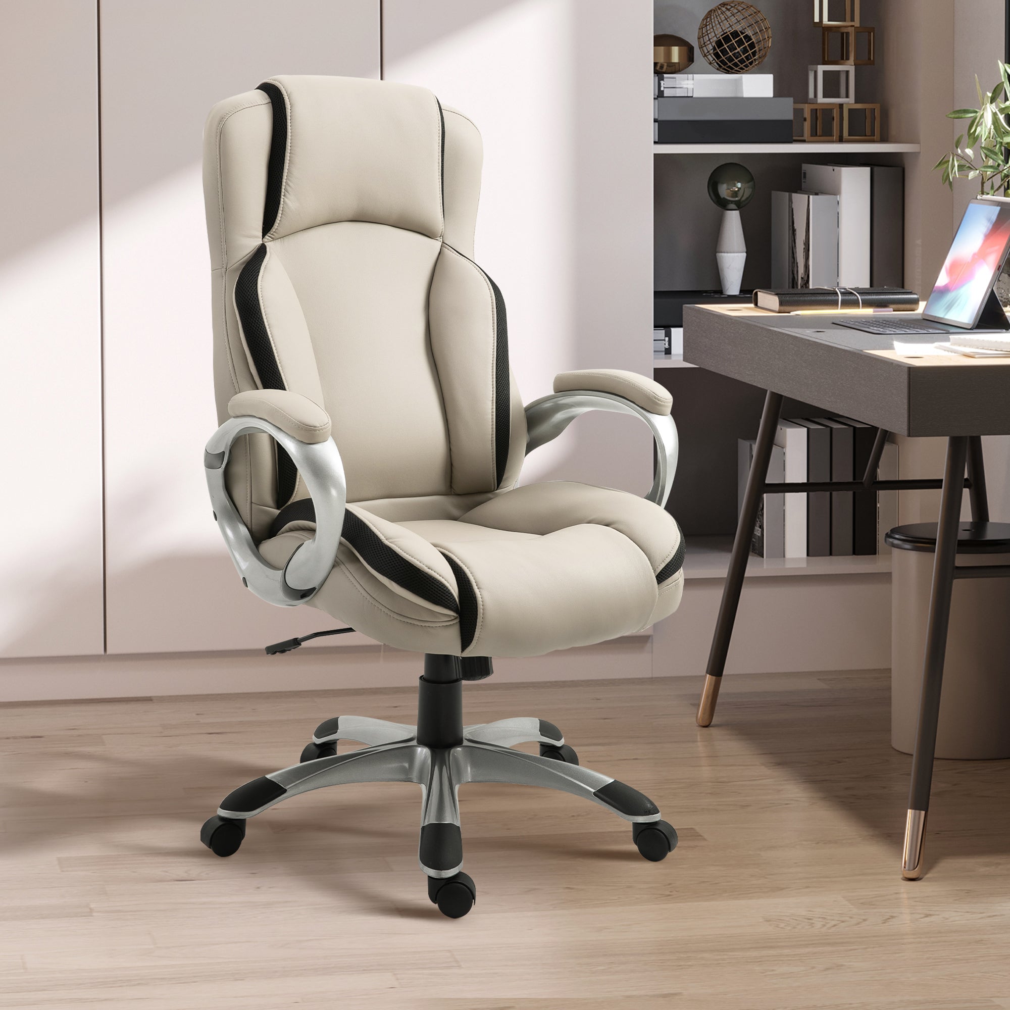 Fisher Office Chair PU Leather Executive on Rolling Wheels Task Computer Height Adjustable Swivel Ergonomic, Beige and Black