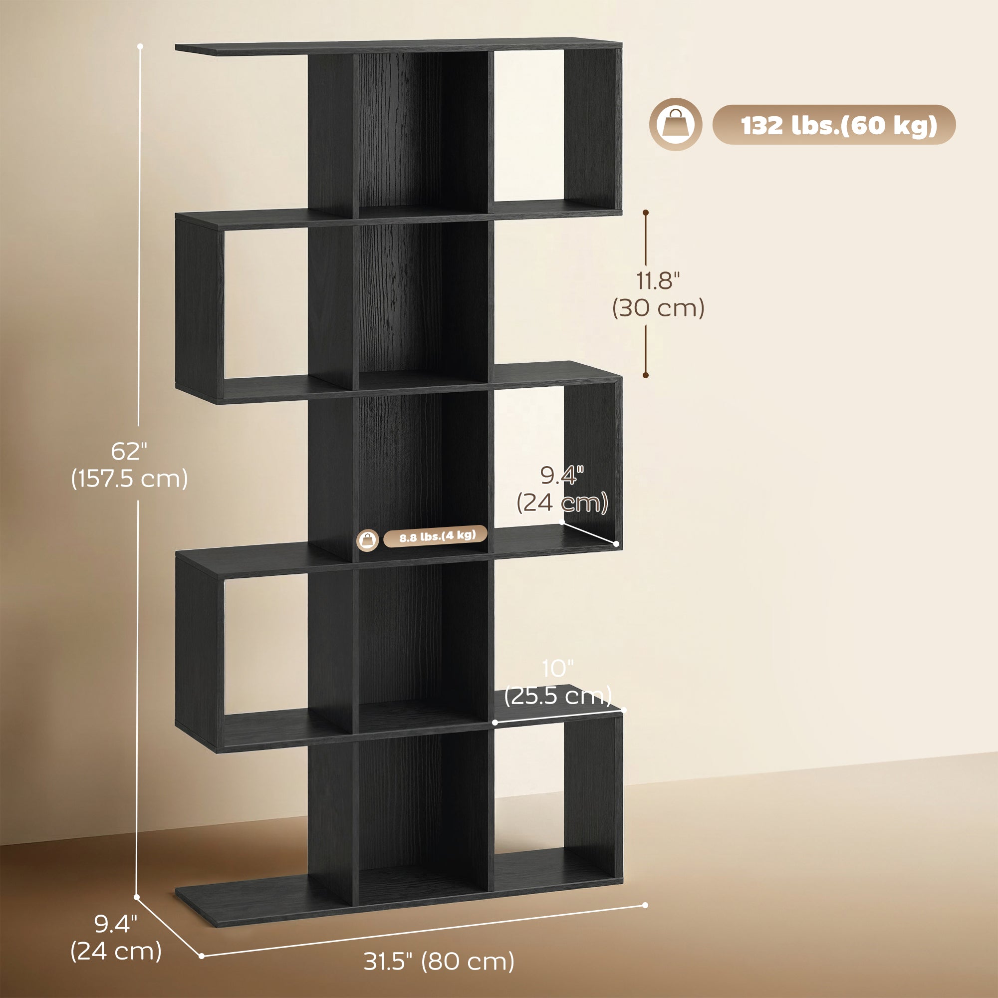 Ari 5-Tier S Shaped Geometric Bookshelf with 15 Compartments-Black