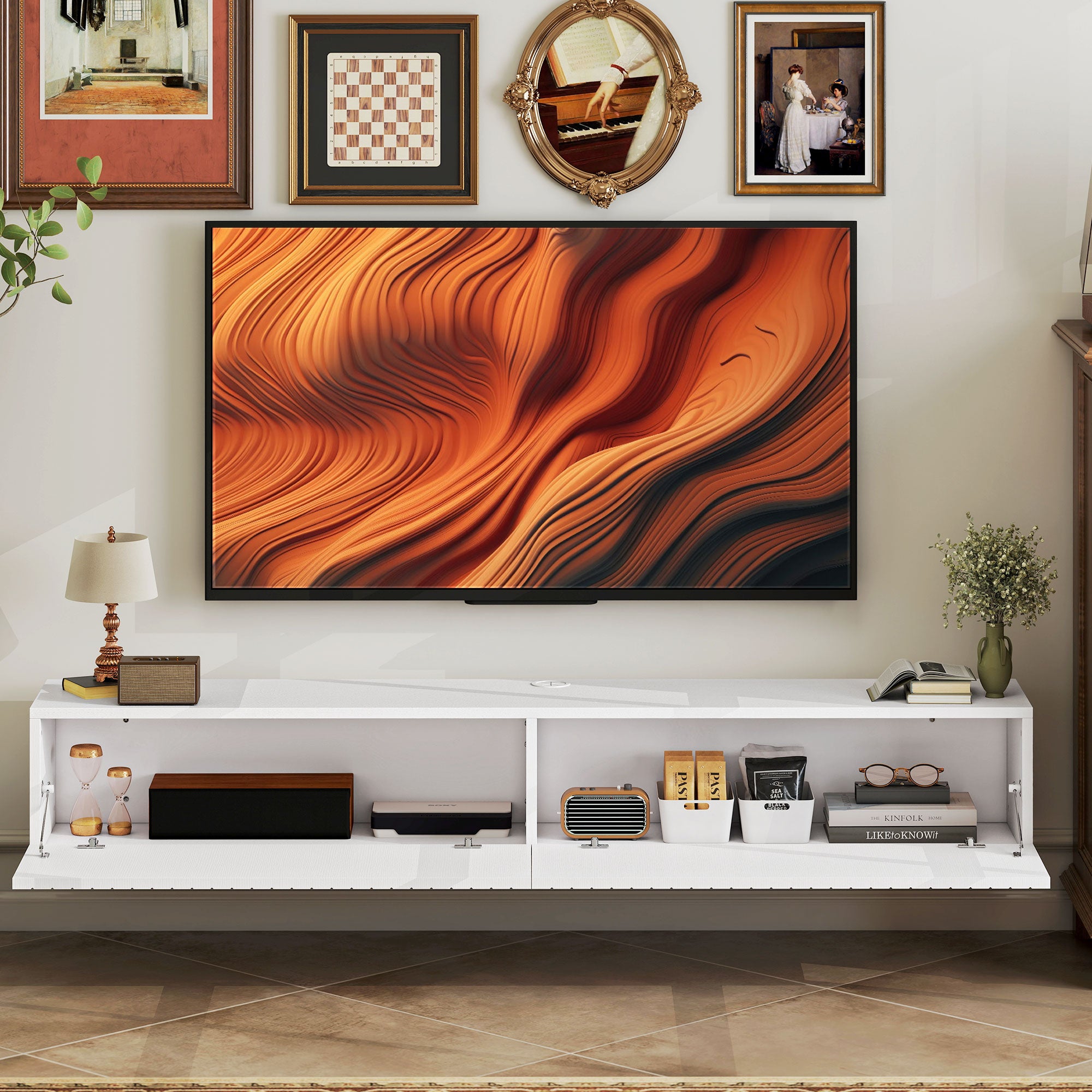  Wall Mount Media Console with 2 Fluted Flip-Down Doors