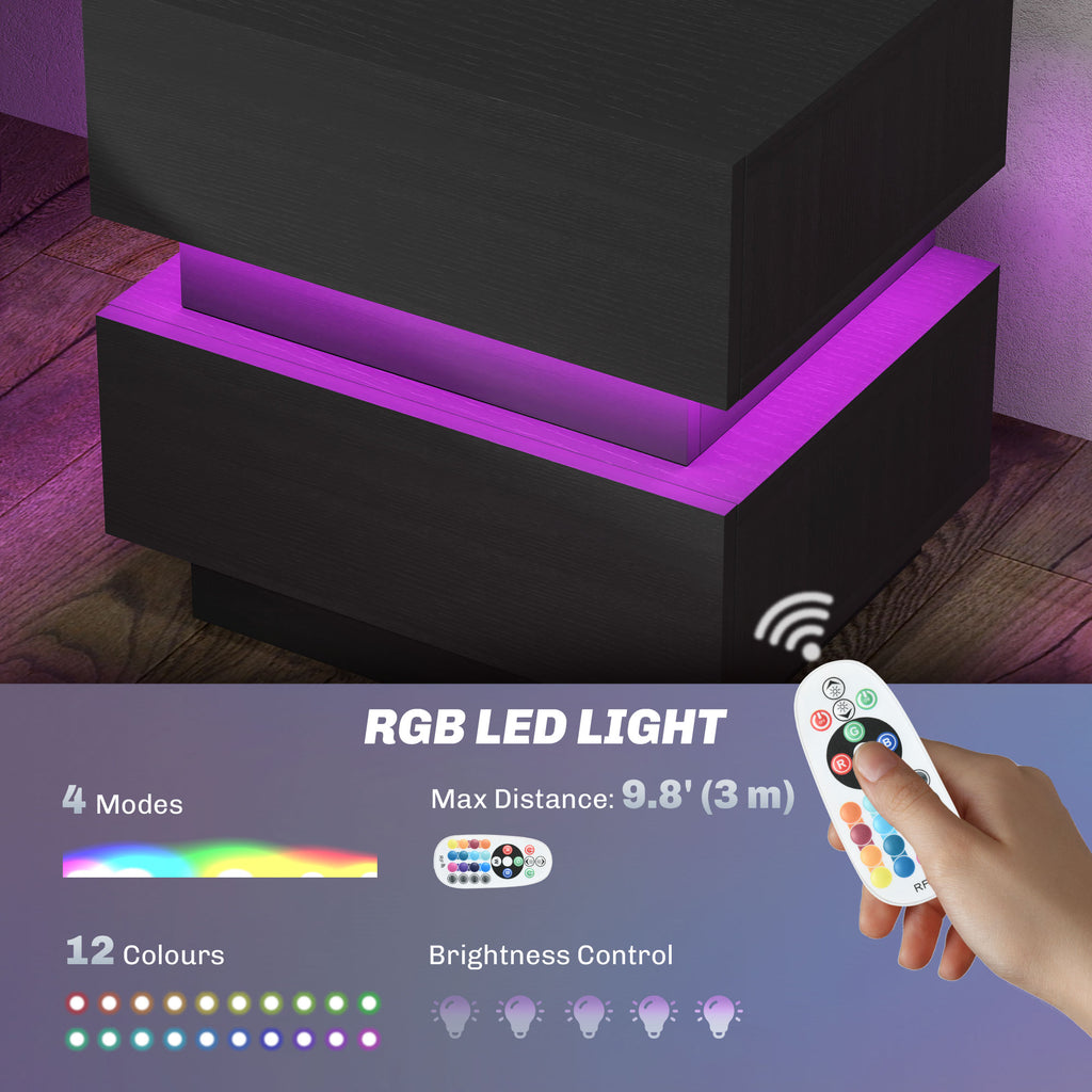 Emma Bedside Table with Charging Station and LED Light Modern Nightstand with USB Ports AC Outlets Drawers Remote, Black