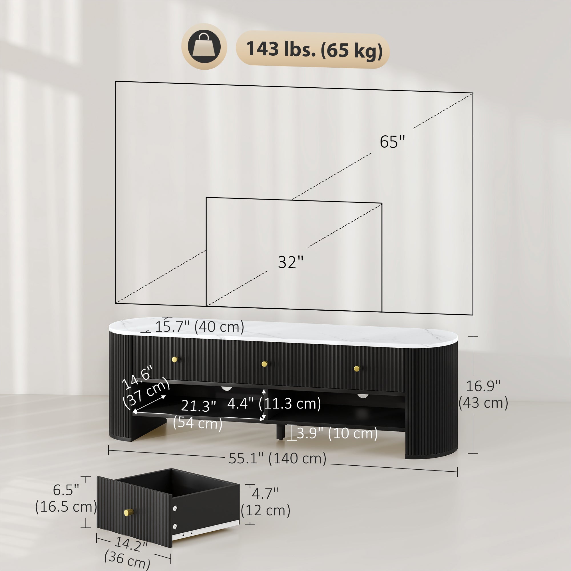 Colby TV Stand Modern TV Table with Marble-Effect Top