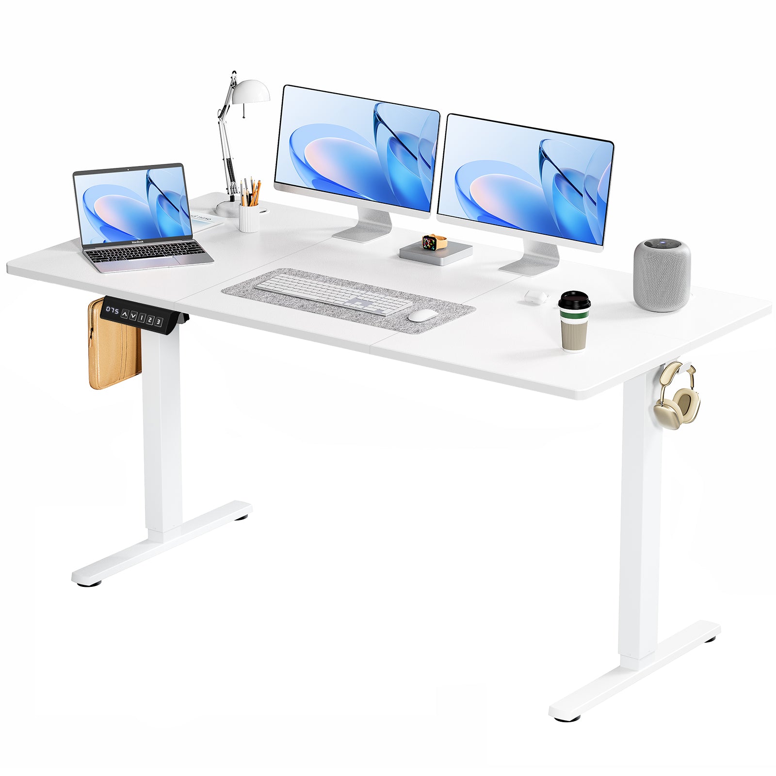 Electric Adjustable Height Standing Desk – Sit‑to‑Stand Splice Board Computer Table with Hooks & Cable Port for Home Office