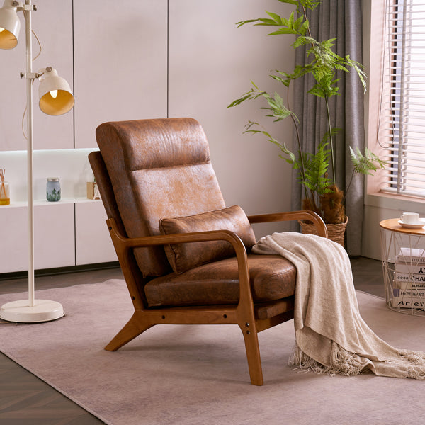 Dale Mid‑Century Modern Leisure Chair – High‑Back Solid Wood Armchair with Bronzing Cloth Upholstery (Orange)