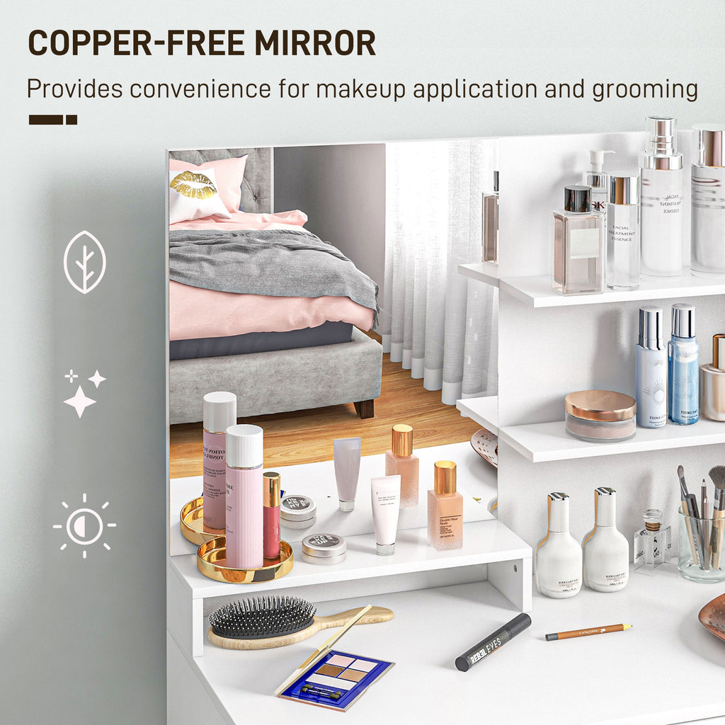 Elise Vanity Set with Mirror and Stool, Makeup Vanity Table with Storage Drawer, Cabinet, Adjustable Shelf for Bedroom, White