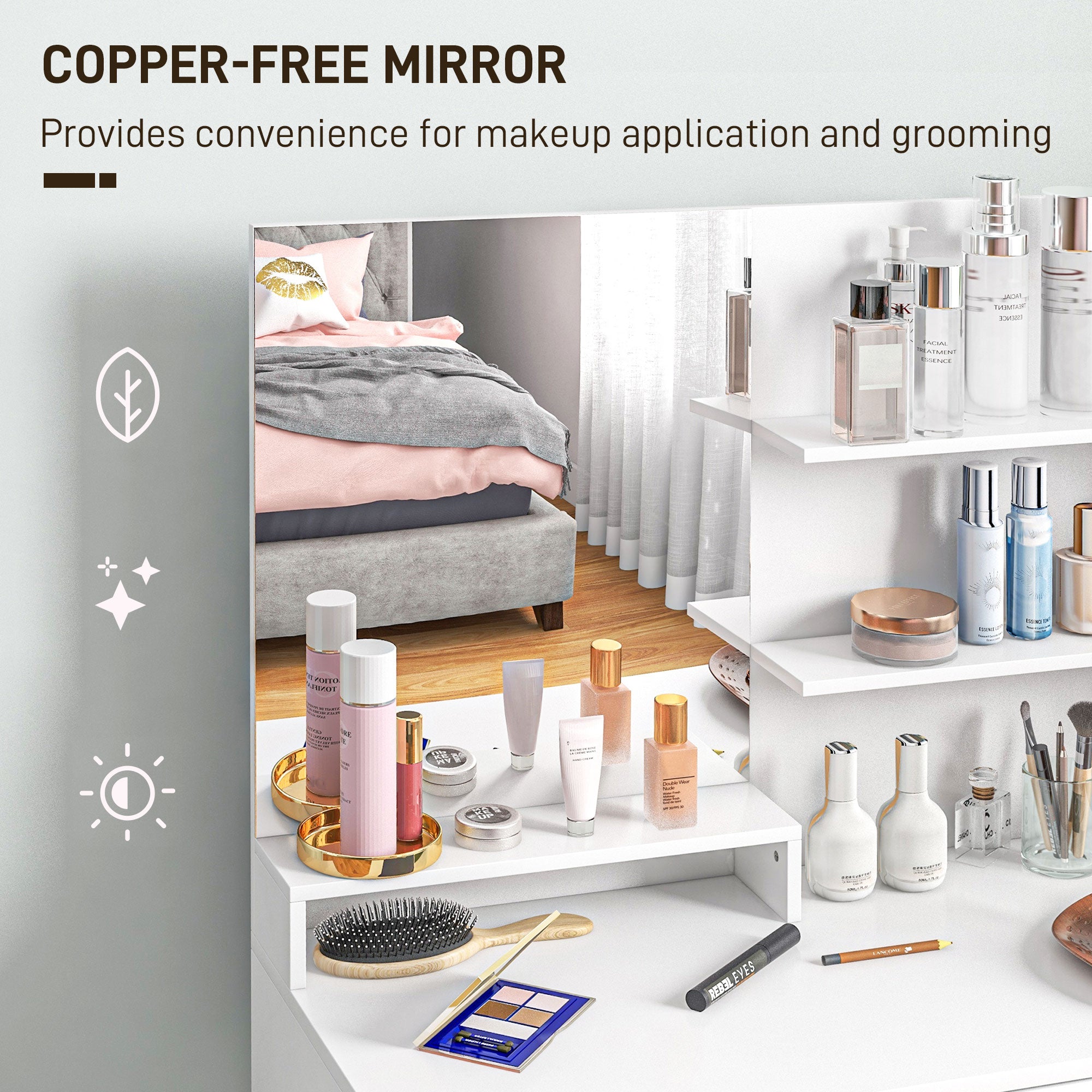 Elise Vanity Set with Mirror and Stool, Makeup Vanity Table with Storage Drawer, Cabinet, Adjustable Shelf for Bedroom, White