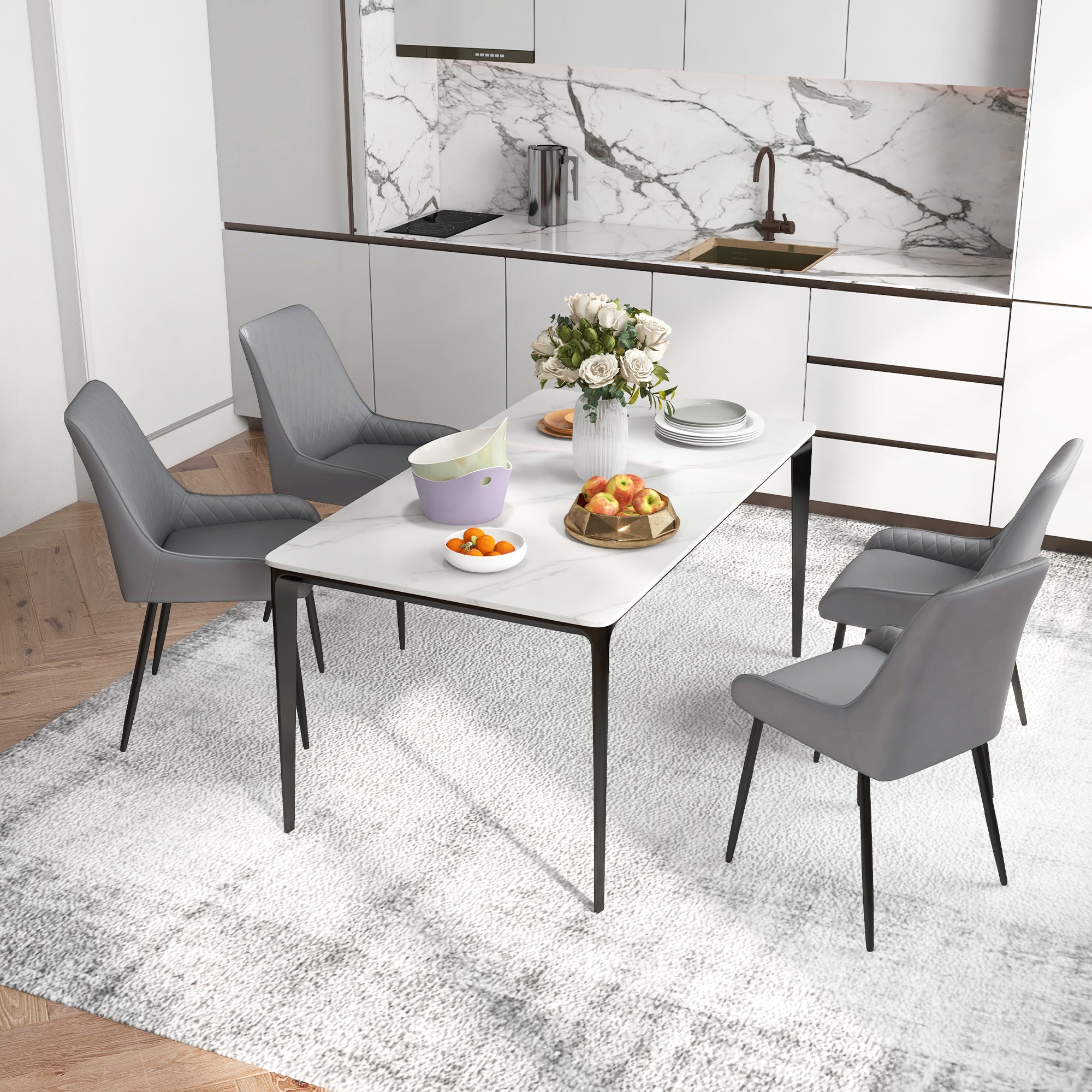 Blake PU Leather Kitchen Chairs, Modern Dining Chairs Set of 4 with Diamond Tufting and Steel Legs for Dining Room, Grey