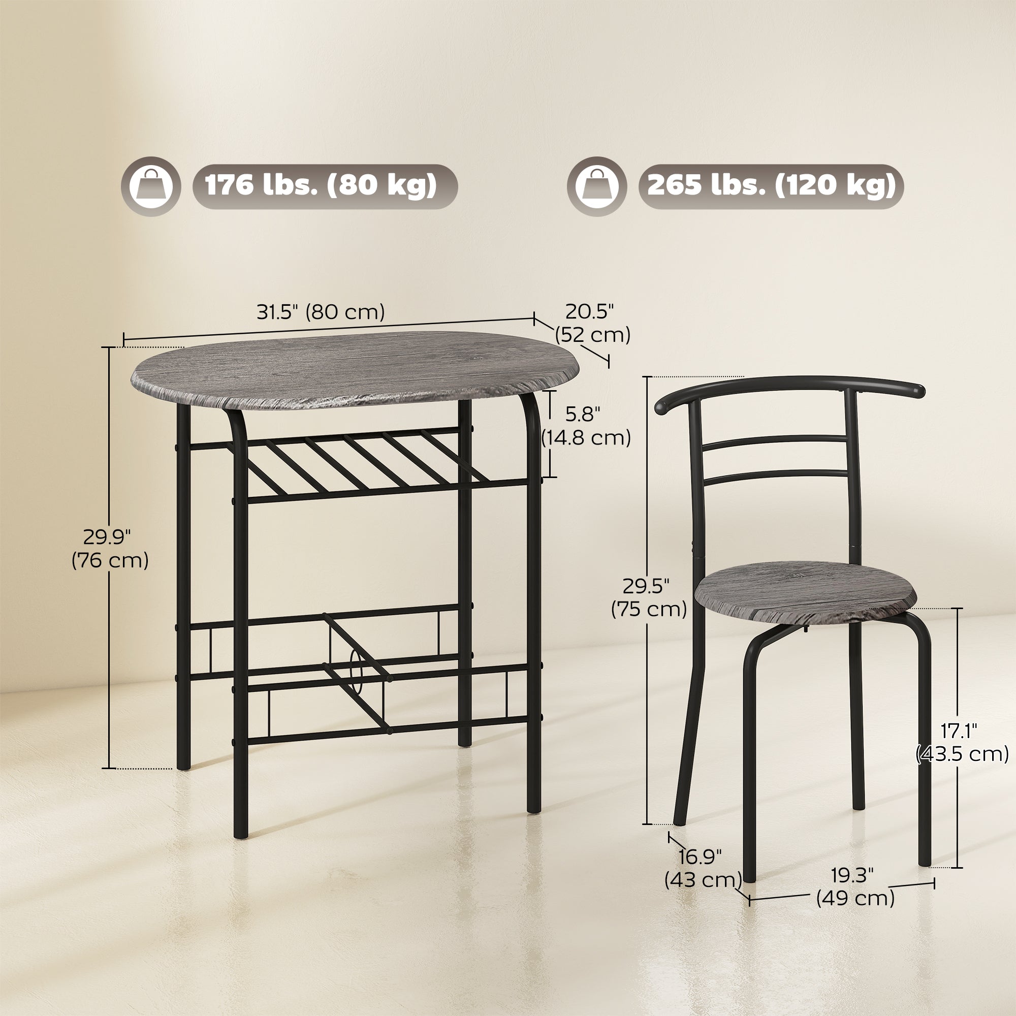 Mason Dining Table Set of 3, 31.5" Kitchen Table and Chairs Set for 2 with Shelf, for Small Space, Dining Room, Living Room