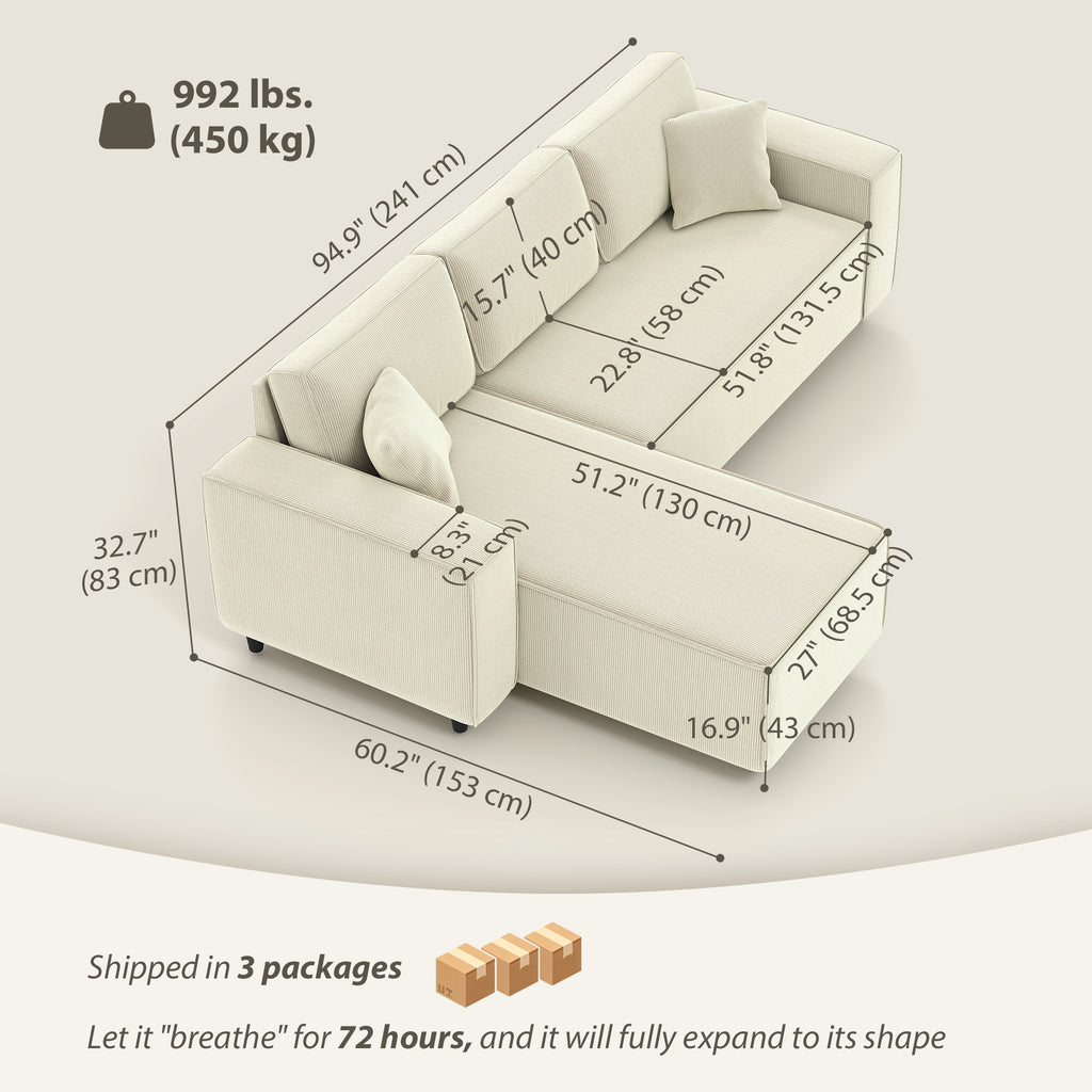RONNY Sectional with Changeable Chaise, Corduroy L-Shaped Sectional Sofa with Pocket Spring, 2 Pillows, Cream White