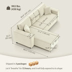 RONNY Sectional with Changeable Chaise, Corduroy L-Shaped Sectional Sofa with Pocket Spring, 2 Pillows, Cream White