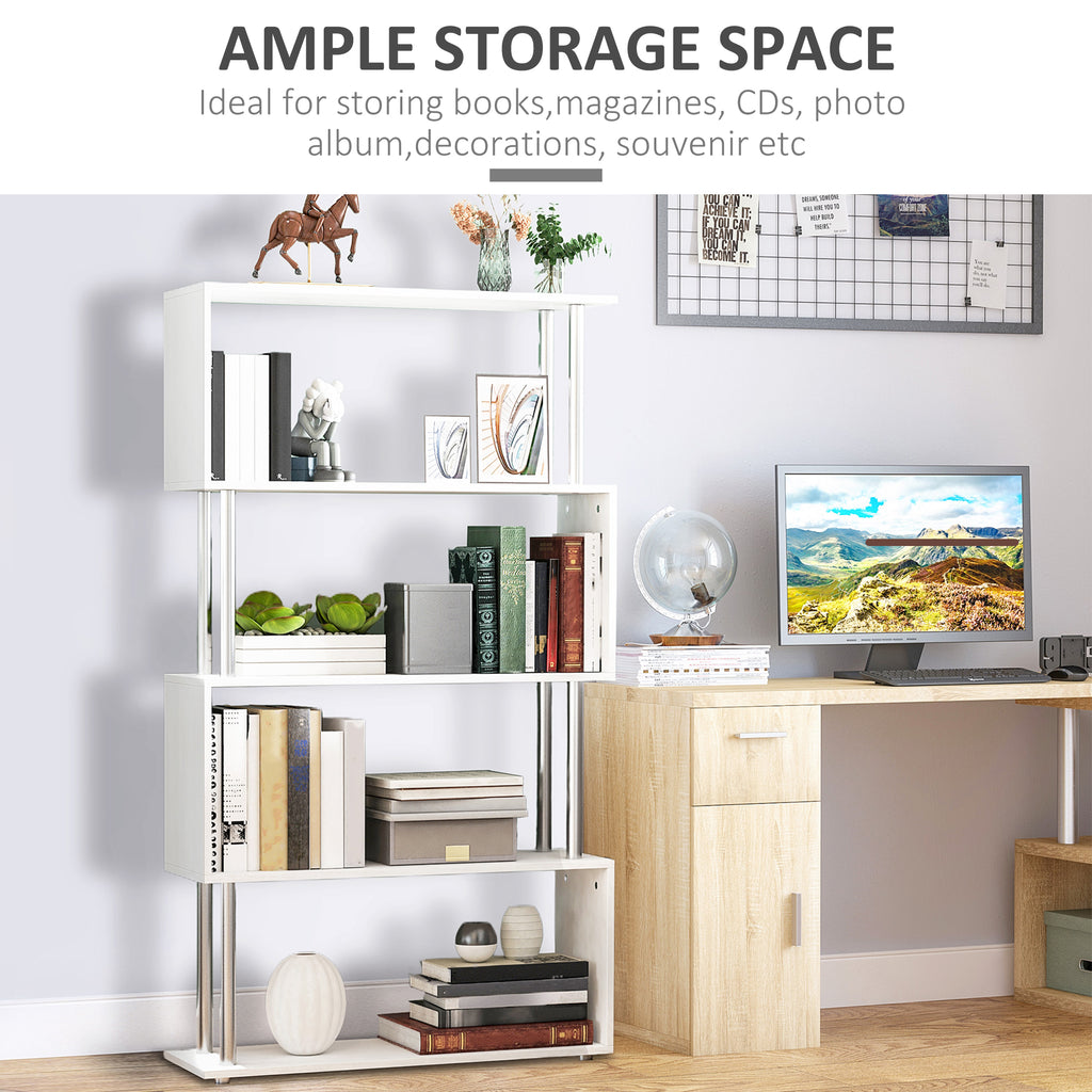 Jude 5-Tiers Geometric Wooden S-Shaped Bookshelf Display with Metal Frame for Living Room, Bedroom & Home Office-White