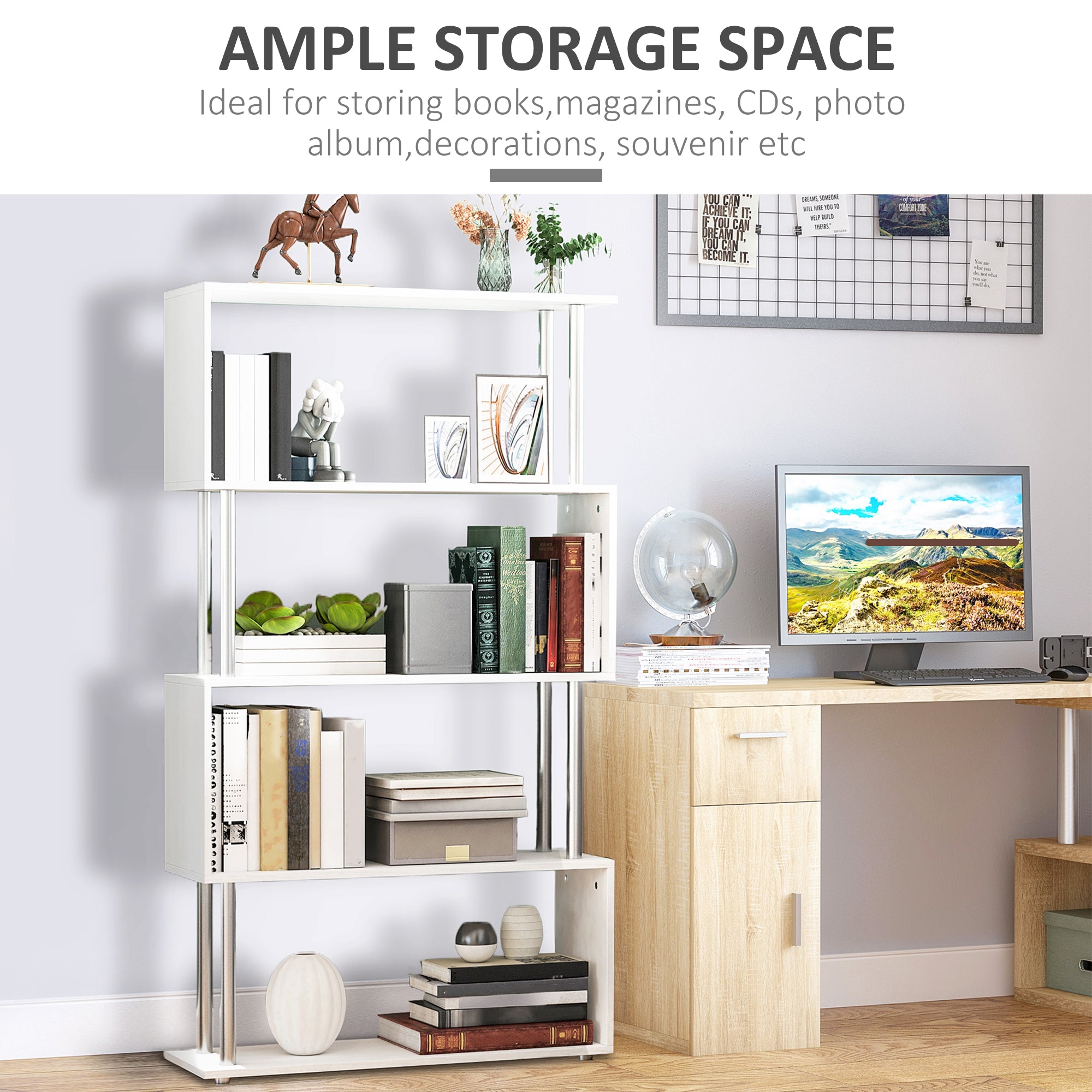 Jude 5-Tiers Geometric Wooden S-Shaped Bookshelf Display with Metal Frame for Living Room, Bedroom & Home Office-White