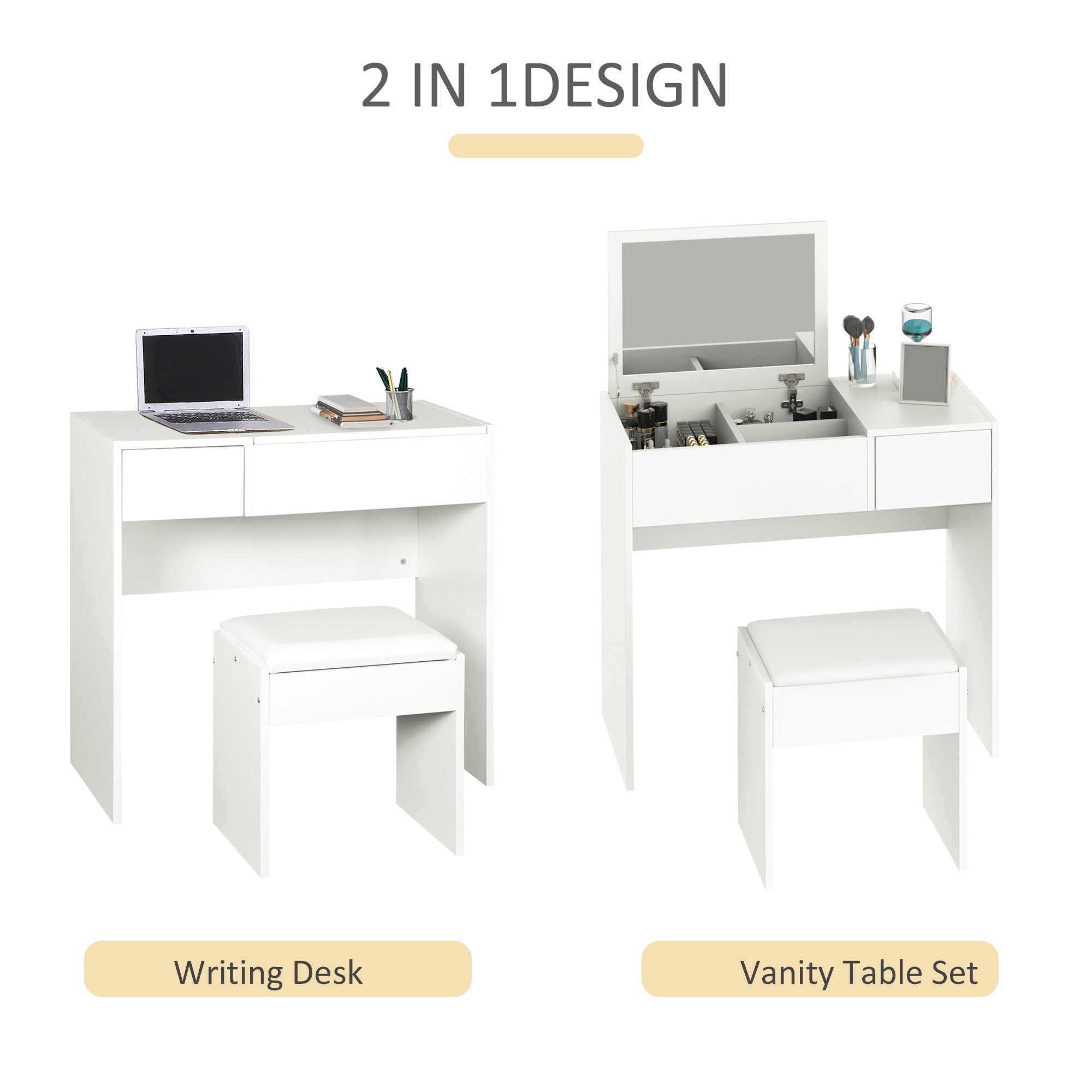 Mia Modern Vanity Set with Flip Top Mirror and Cushioned Stool, Dressing Table with Storage Drawer for Bedroom, White
