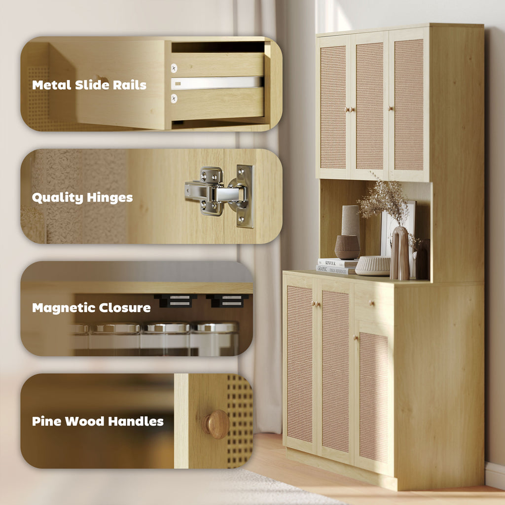 Milan Kitchen Hutch with Microwave Countertop, 71" Boho Kitchen Pantry Cabinet with Decorative Rattan Doors, Natural
