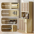 Milan Kitchen Hutch with Microwave Countertop, 71" Boho Kitchen Pantry Cabinet with Decorative Rattan Doors, Natural