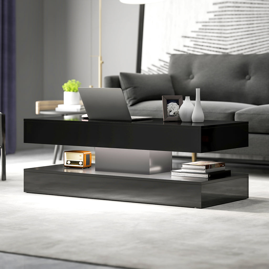 Erin Modern Coffee Table with 2 Drawers and Adjustable LED Lights-High Gloss Black