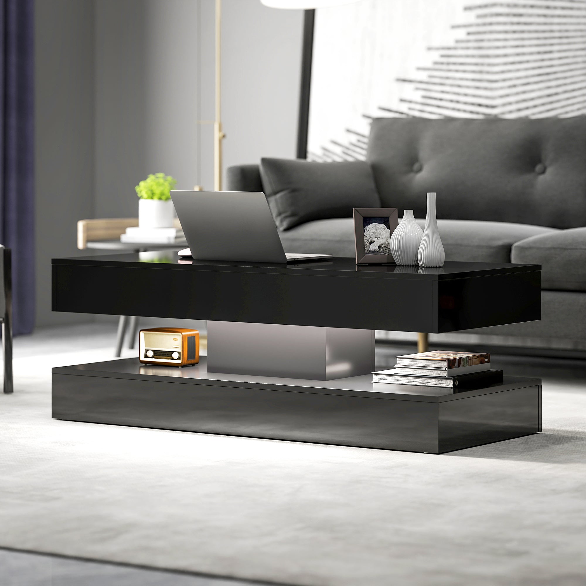 Erin Modern Coffee Table with 2 Drawers and Adjustable LED Lights-High Gloss Black