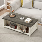 Lowen Farmhouse Coffee Table with Drawer, Open Storage Shelf for Living Room, Dining Room, Office, Distressed White