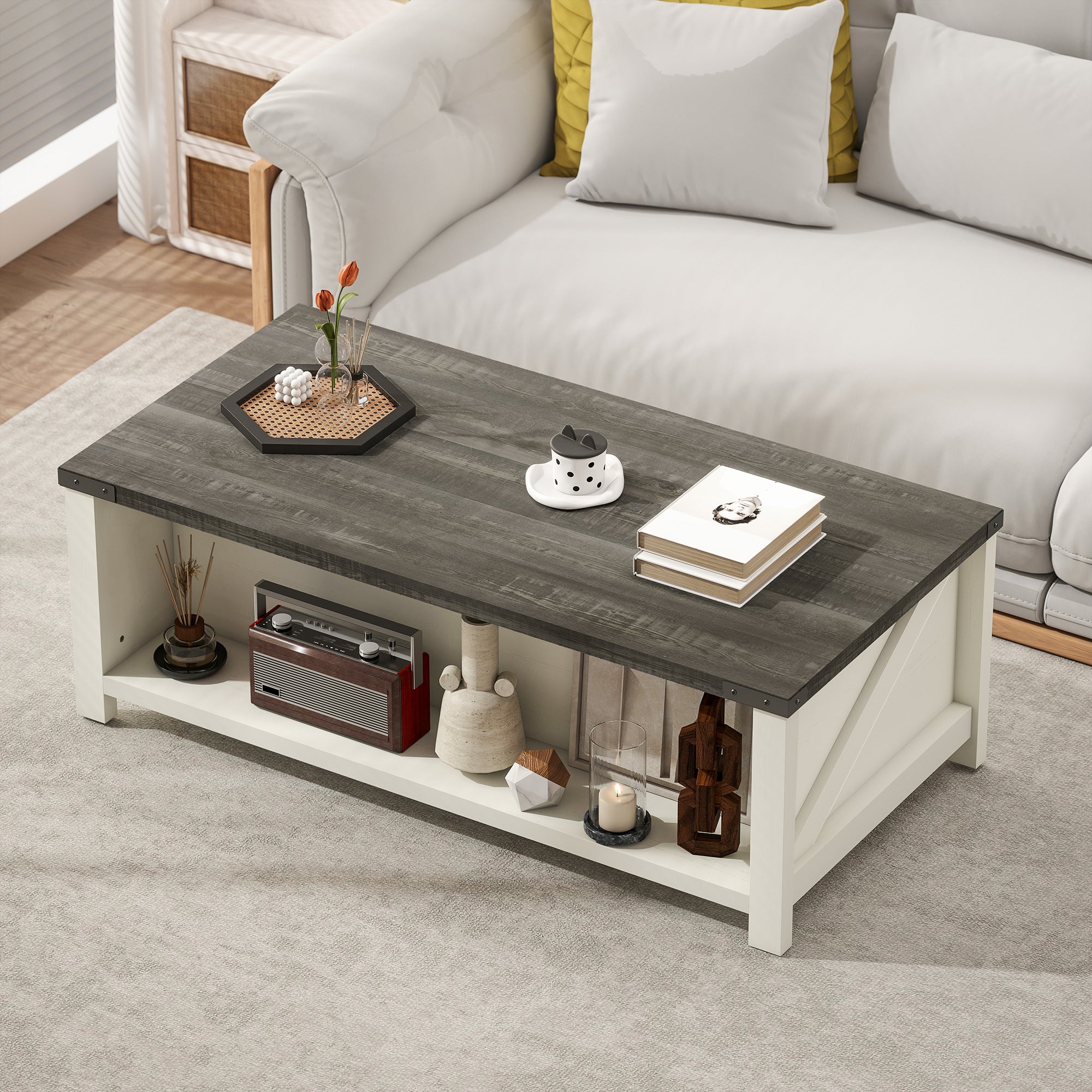Lowen Farmhouse Coffee Table with Drawer, Open Storage Shelf for Living Room, Dining Room, Office, Distressed White