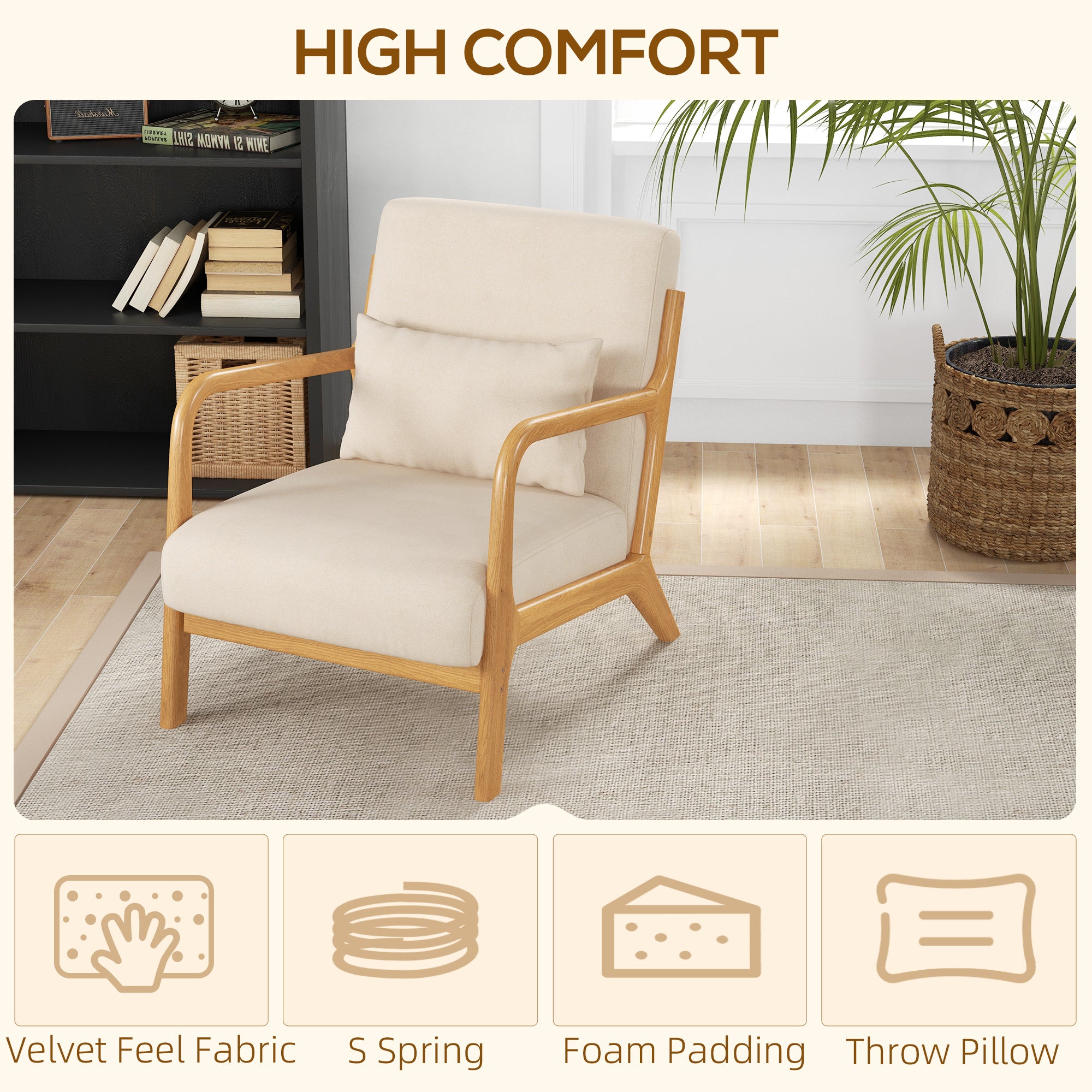 Alex Fabric Retro Accent Chair with Solid Wood Legs-Beige