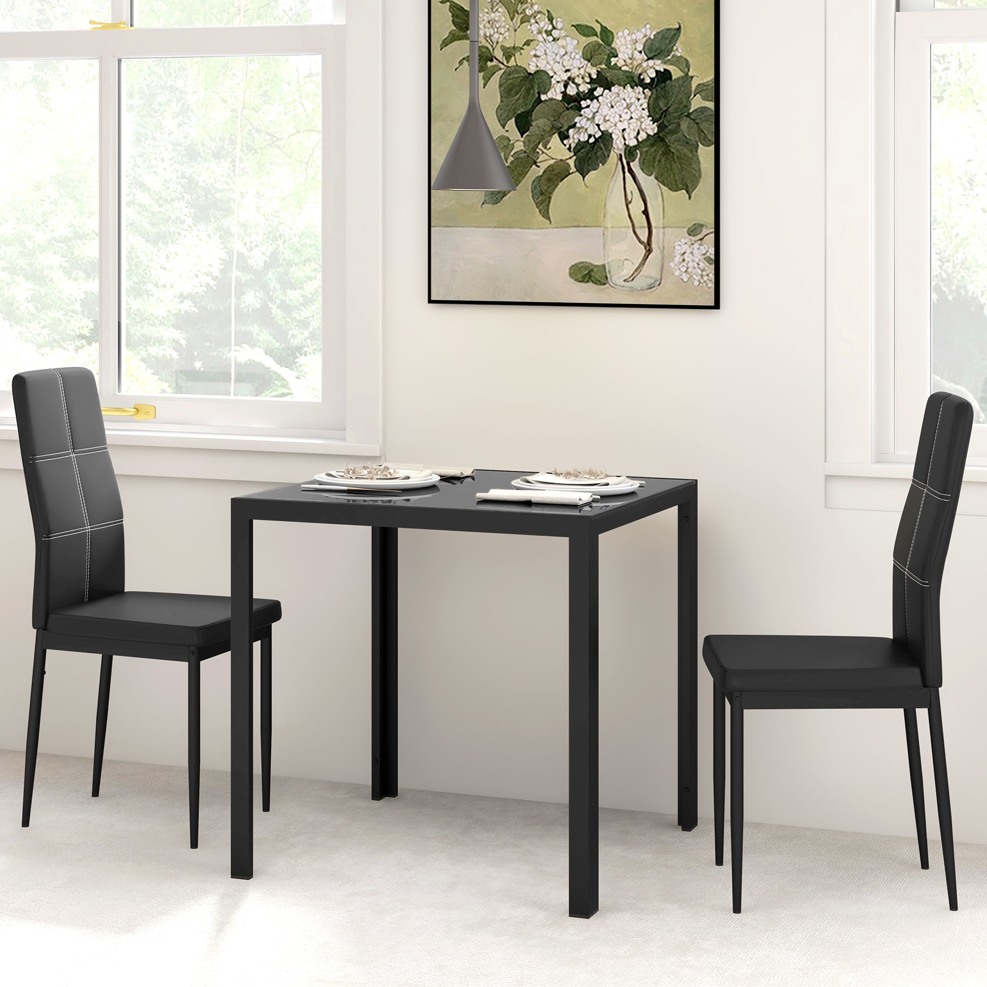 Zaya 3-Piece Rectangular Glass Kitchen Table and Chairs with Metal Frame and Faux Leather Upholstery for Dining Room, Black