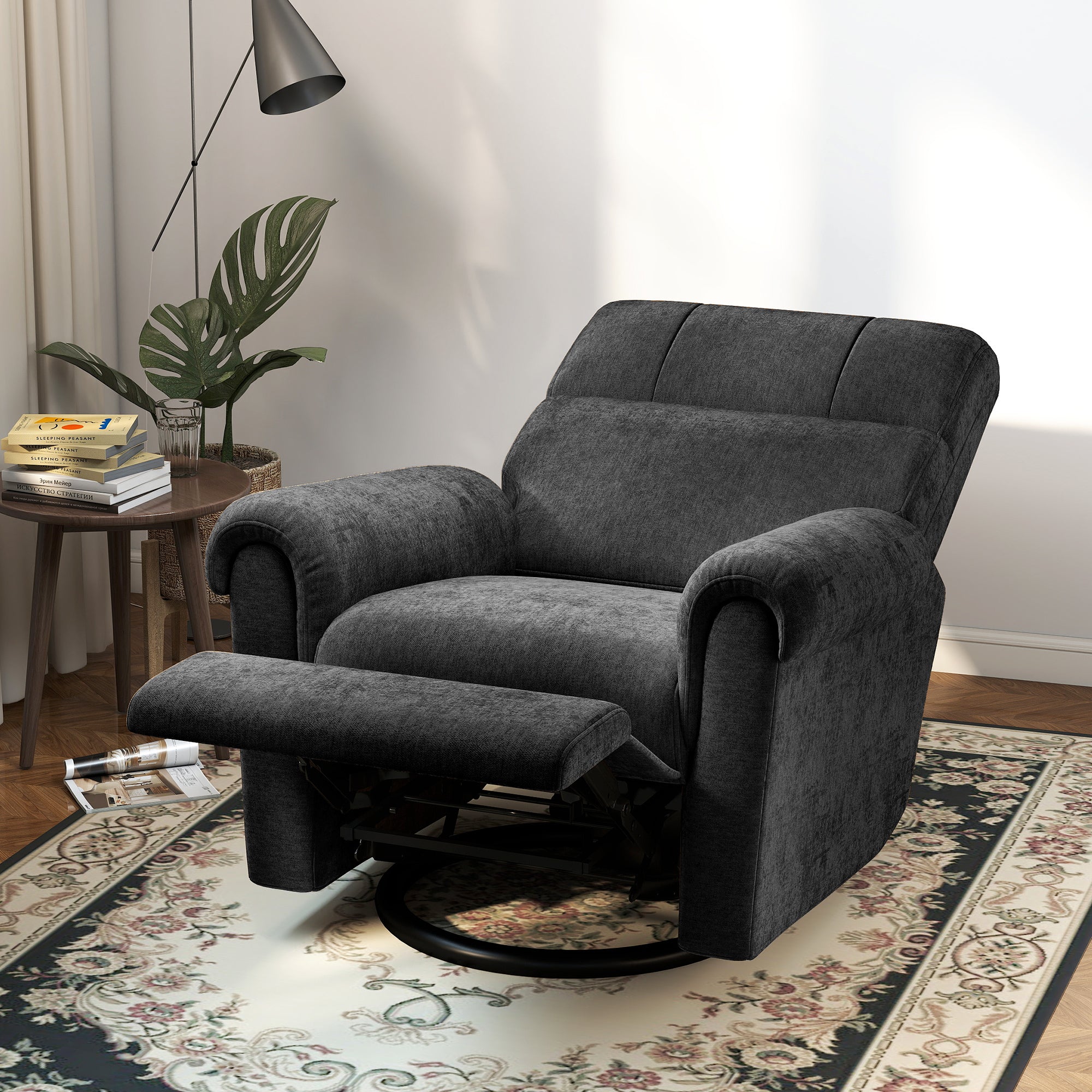 Flynn Power Reclining Chair with USB Ports, Swivel and Rocking Functions-Charcoal Grey/Black
