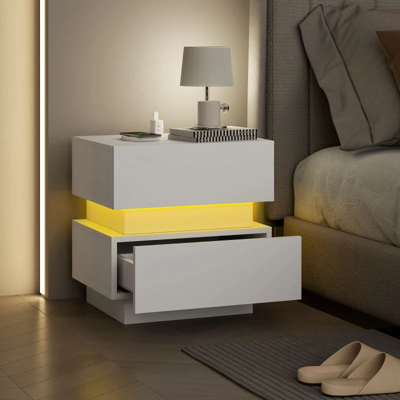 Emma Bedside Table with Charging Station and LED Light Modern Nightstand with USB Ports AC Outlets Drawers Remote, White