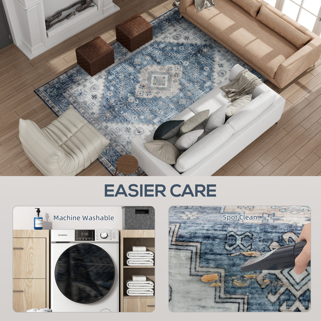 Brady 5x7 Vintage Machine Washable and Non-Slip Area Rug-Blue