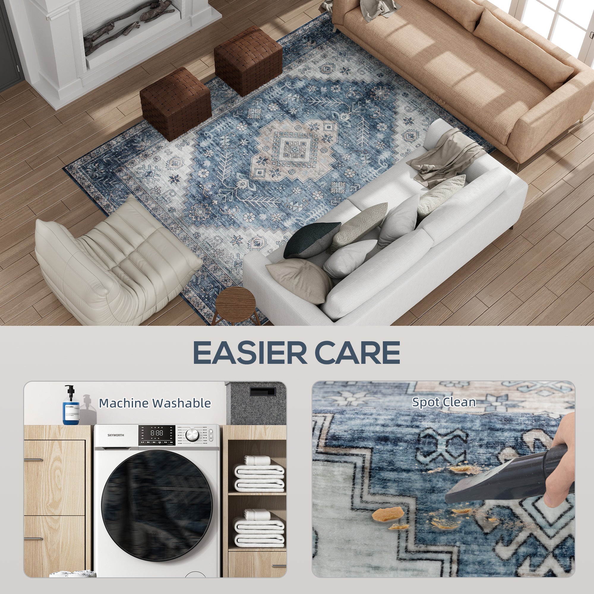 Brady 5x7 Vintage Machine Washable and Non-Slip Area Rug-Blue