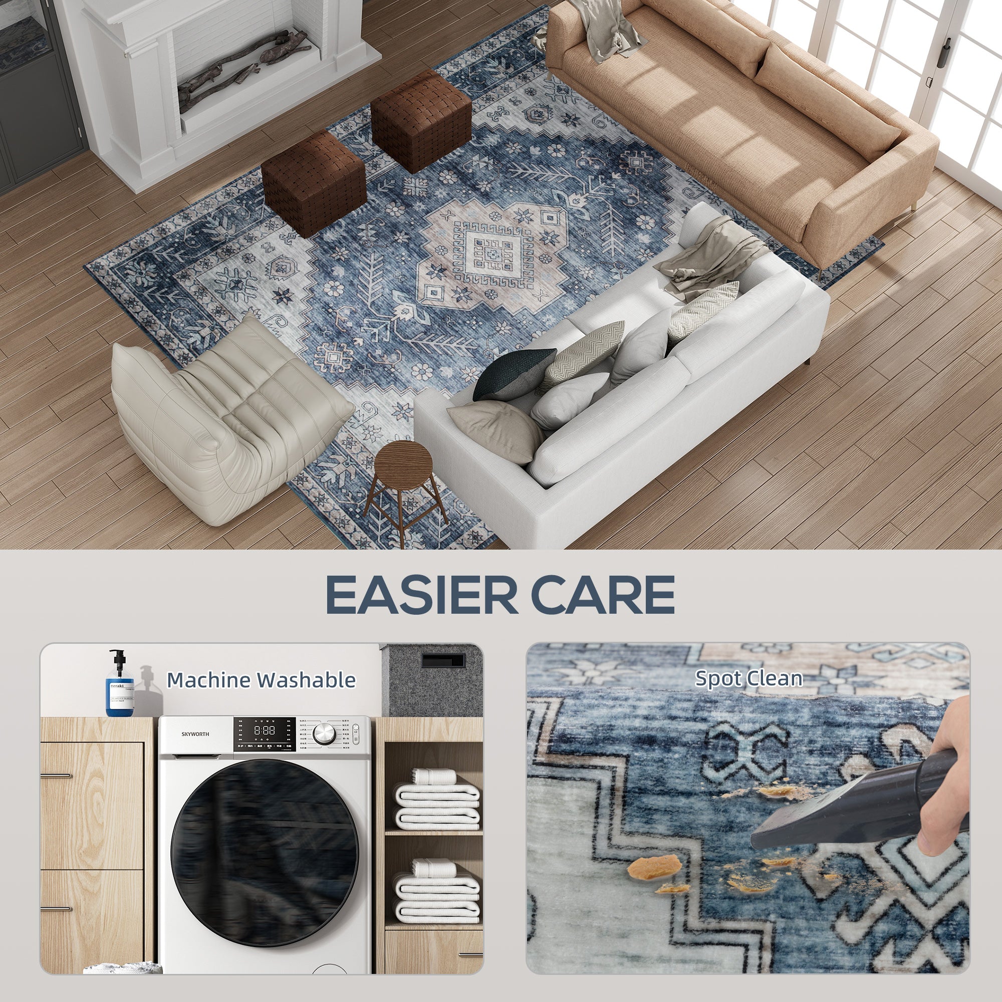 Brady 8x10 Vintage Machine Washable and Non-Slip Floor Area Rug-Blue