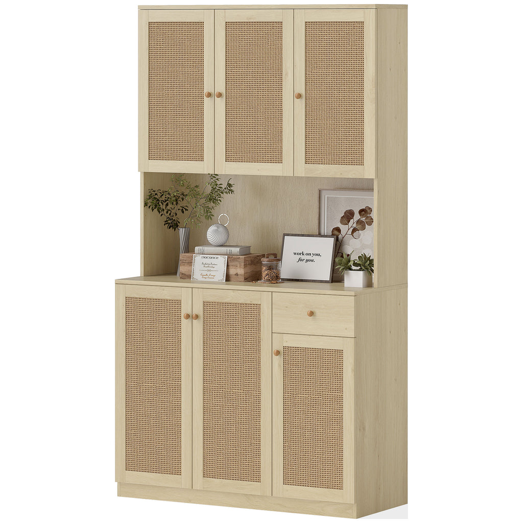 Milan Kitchen Hutch with Microwave Countertop, 71" Boho Kitchen Pantry Cabinet with Decorative Rattan Doors, Natural