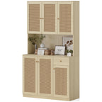 Milan Kitchen Hutch with Microwave Countertop, 71" Boho Kitchen Pantry Cabinet with Decorative Rattan Doors, Natural