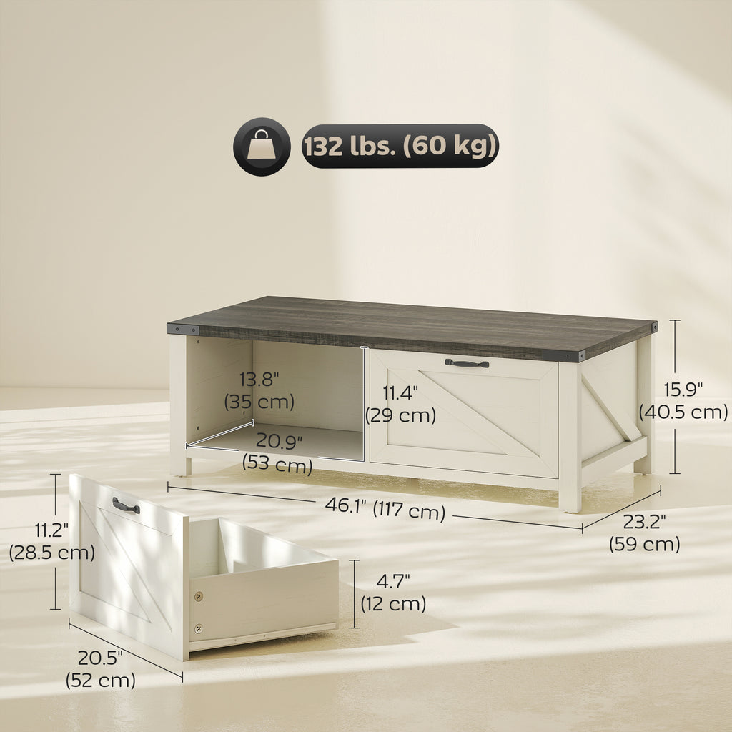 Lowen Farmhouse Coffee Table with Drawer, Open Storage Shelf for Living Room, Dining Room, Office, Distressed White
