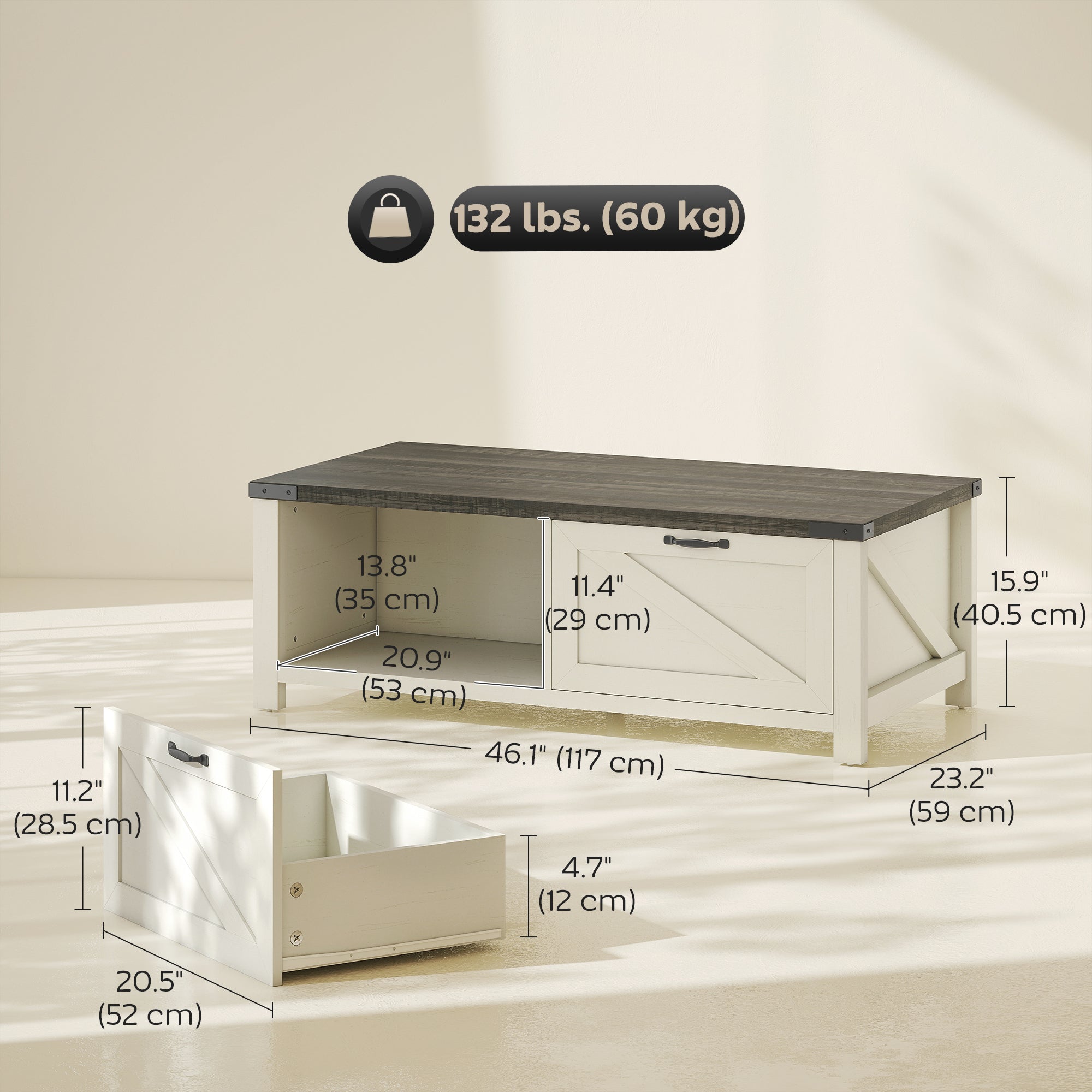 Lowen Farmhouse Coffee Table with Drawer, Open Storage Shelf for Living Room, Dining Room, Office, Distressed White