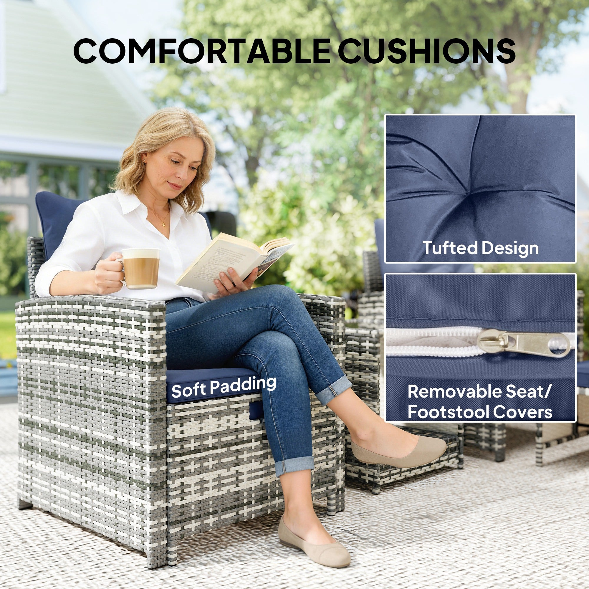 Athena 5 Piece Patio Furniture Set with Ottomans and Glass Table-Dark Blue