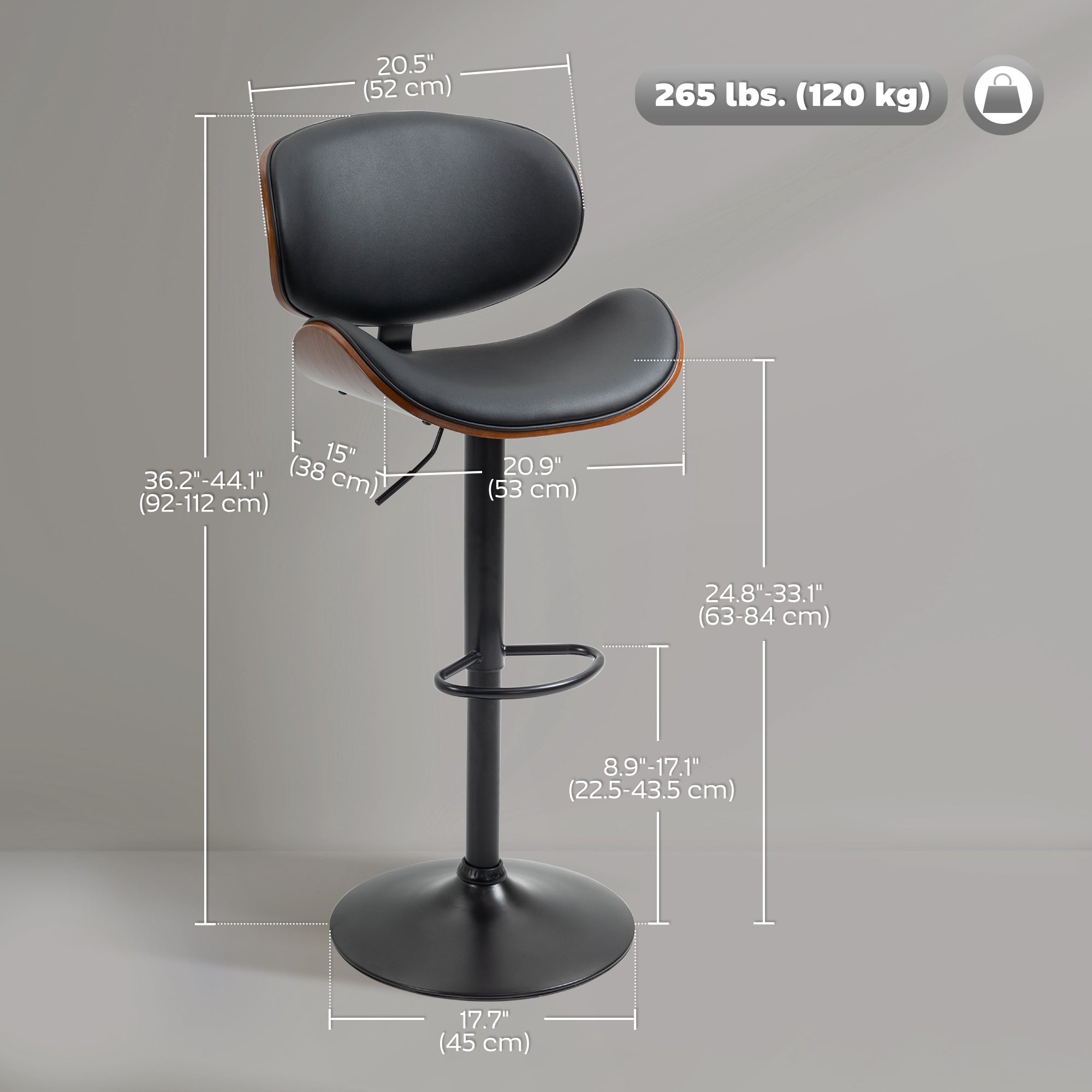 Alpine Adjustable Stools Set of 2, Modern PU Leather Adjustable Swivel Counter/Barstools with Curved Back, Footrest and Steel Base, Black