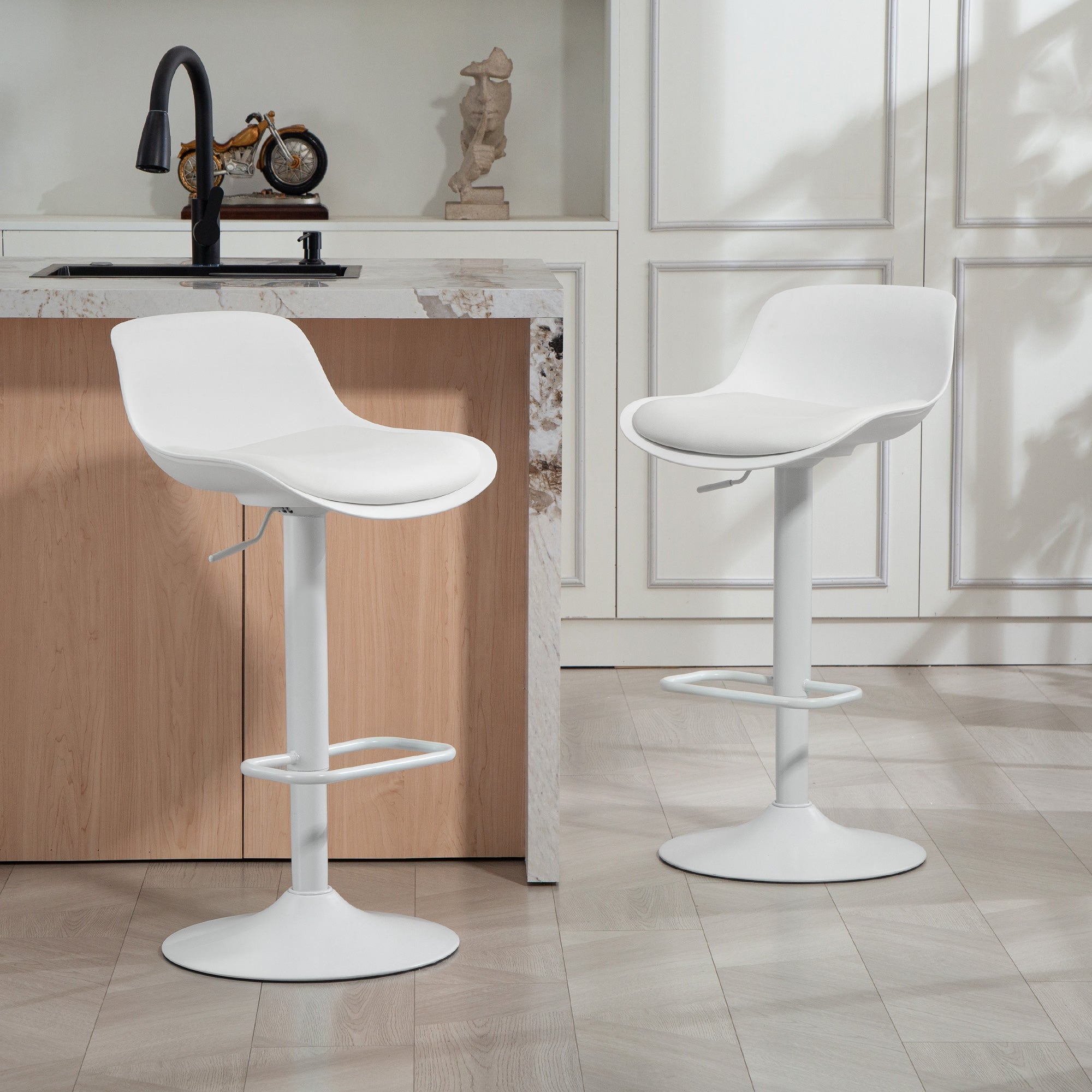 Zee Counter Height Bar Stools Set of 2, Streamlined Bar Chairs with Adjustable Height and Swivel PU Leather Seat, White
