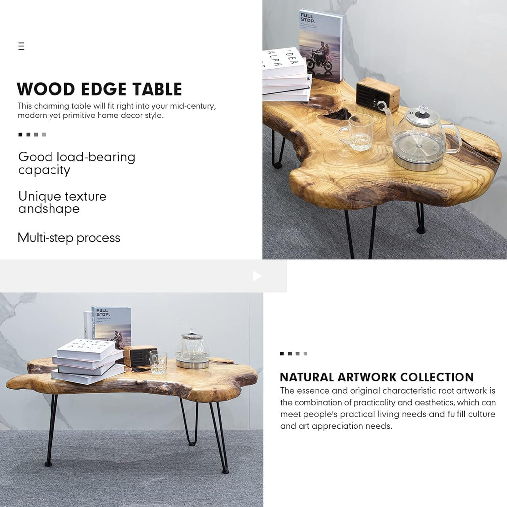 Handcrafted Modern Coffee Table with Natural Wood Edge and Hairpin Legs