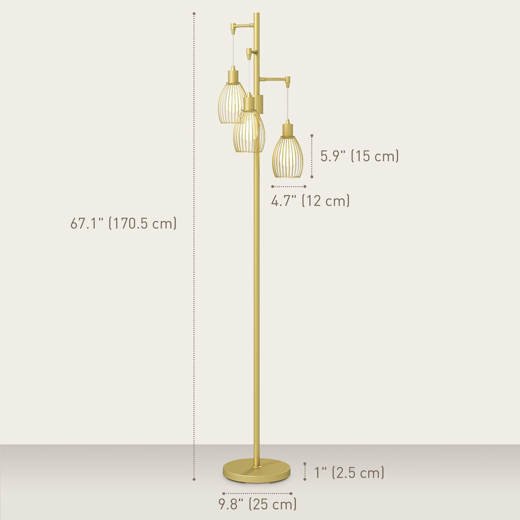 Carmen Dimmable Floor Lamp with 3 Hanging Wire Lampshades-Gold