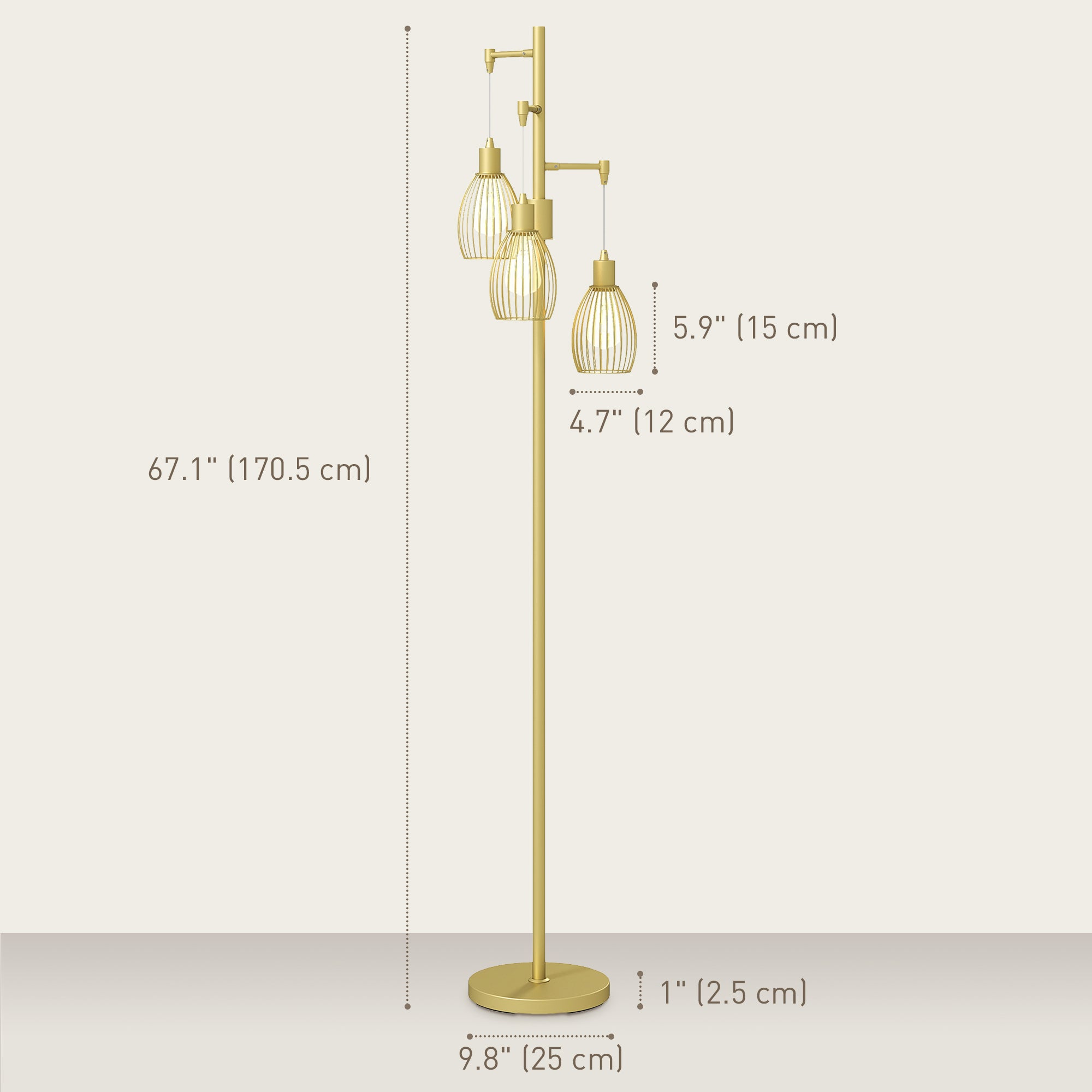 Carmen Dimmable Floor Lamp with 3 Hanging Wire Lampshades-Gold