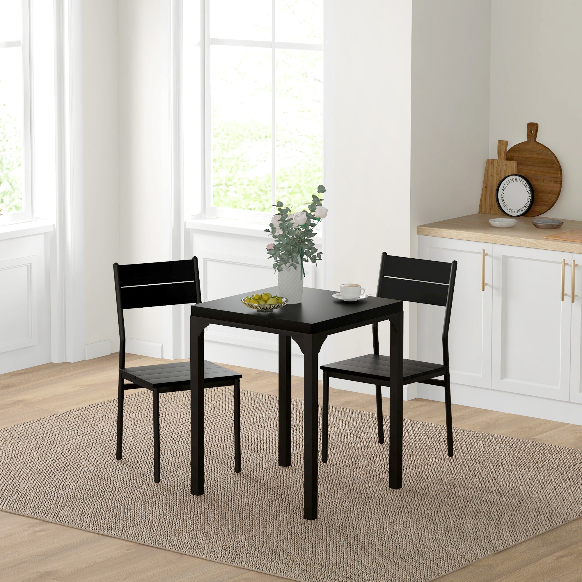 Kurt Dining Table Set for 2, 3 Piece Kitchen Table and Chairs with Metal Legs for Small Spaces, Black