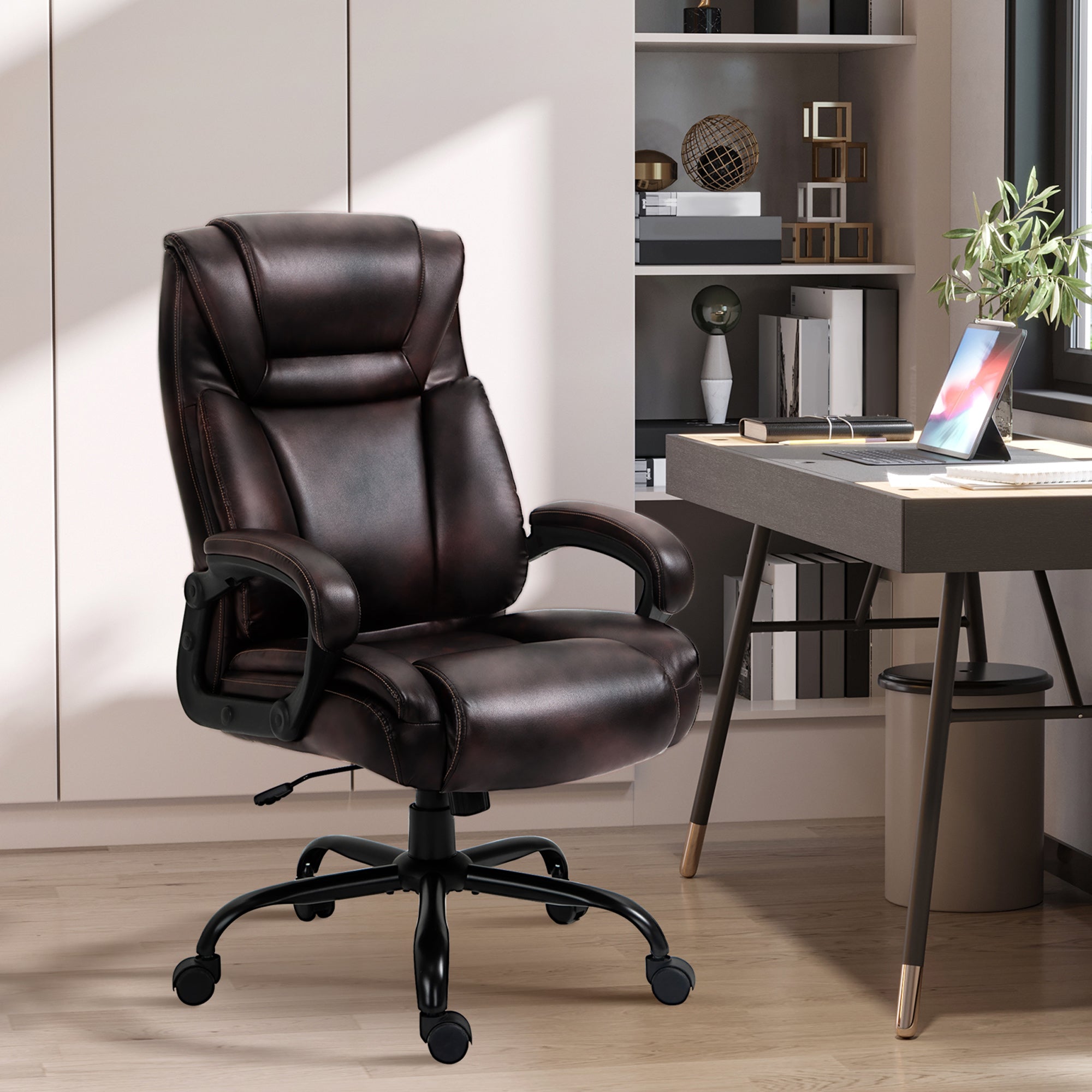 Joel PU Leather Executive Office Chair with High Back, Adjustable Height and Swivel Wheels, 400LBS Capacity, Brown