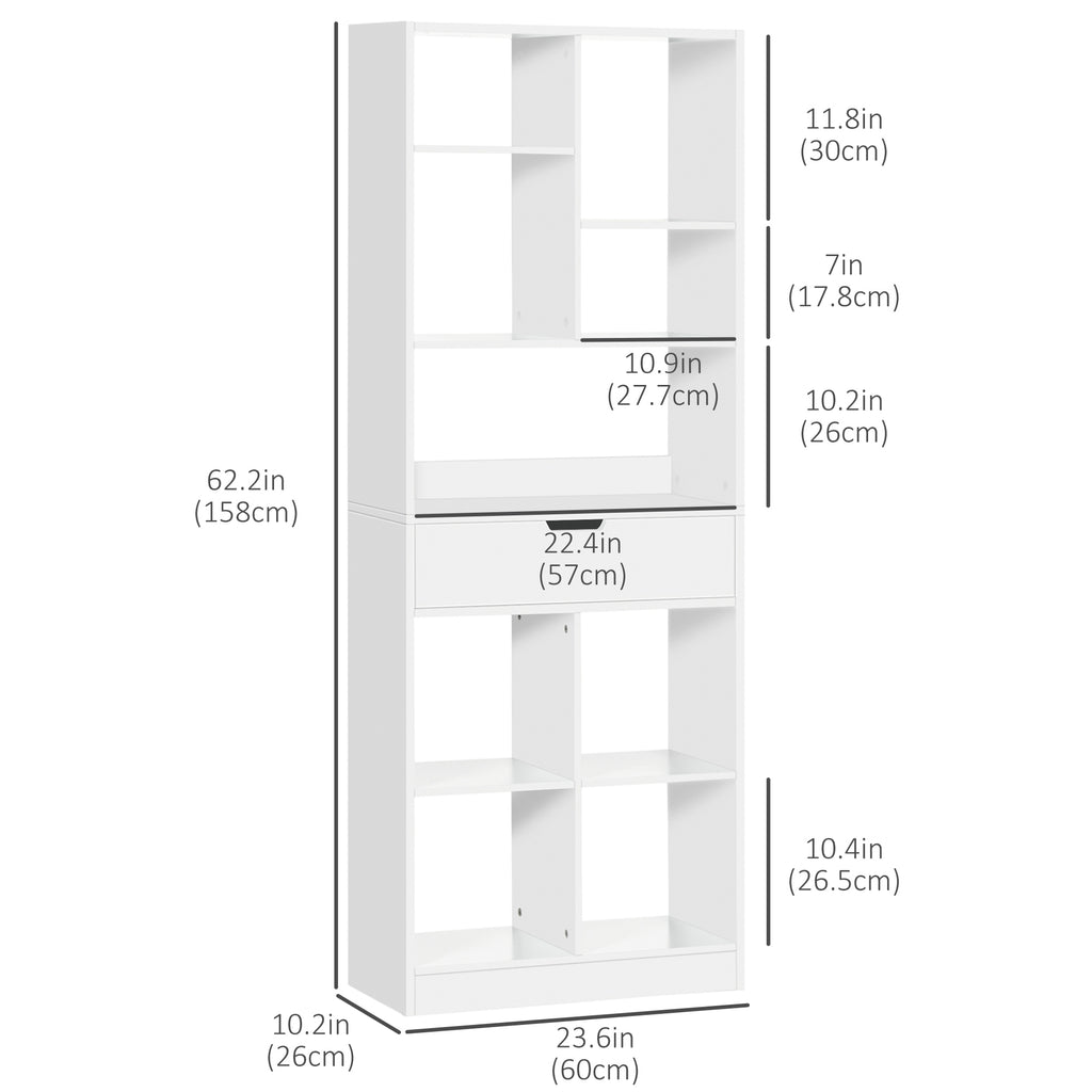 Julian Tall Freestanding Bookshelf with Drawer for Bedroom, Living Room and Home Office-White
